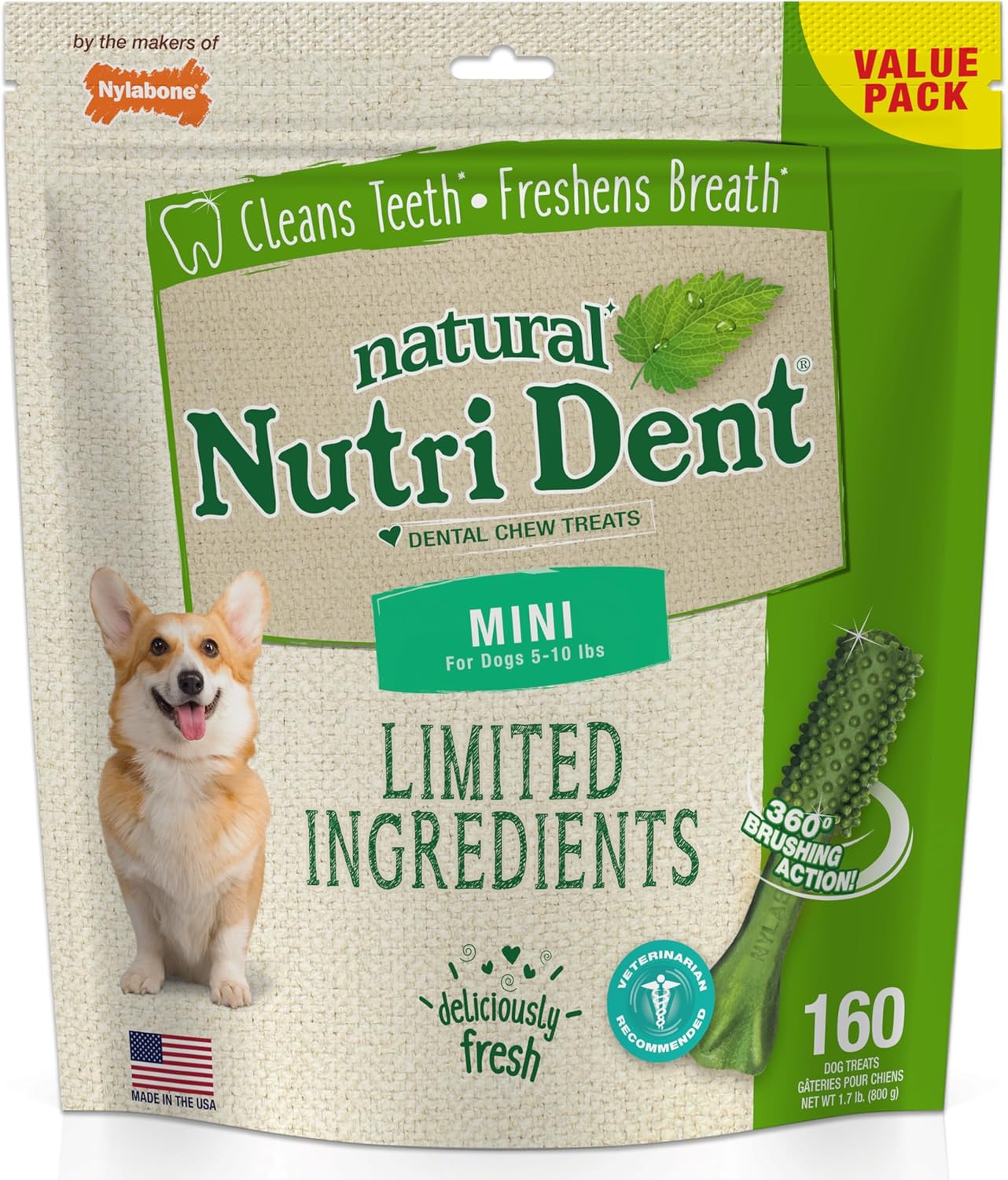 Nylabone Nutri Dent Natural Dental Chews for Dogs, Limited Ingredient Dog Treats Made in the USA, Clean Teeth & Fresh Breath, Healthy Dog Chews, Fresh Breath Flavor, For X-Small Dogs, (160 Count)