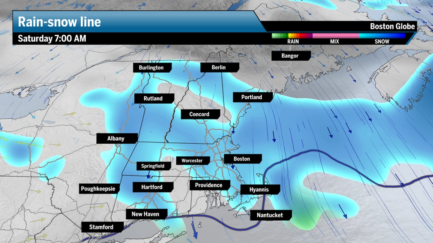 The rain-snow line as of 7 a.m. on Saturday.