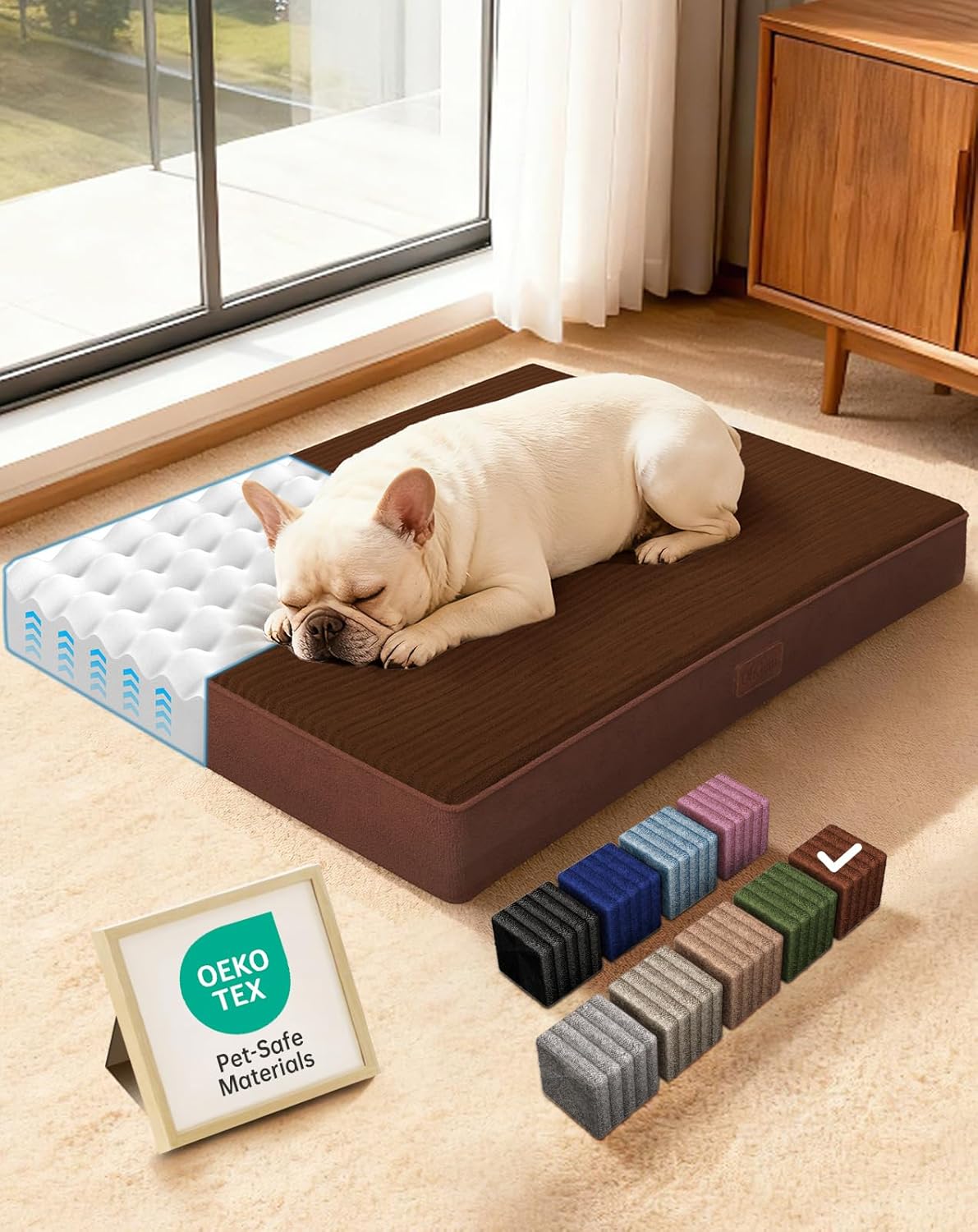 OhGeni Orthopedic Waterproof Top Surface & Machine Washable Dog Bed for Small Medium Pets, Suitable for Crates, Cat Mat with 25D Egg Crate Foam, Removable Cover, 30 Inches(Brown)