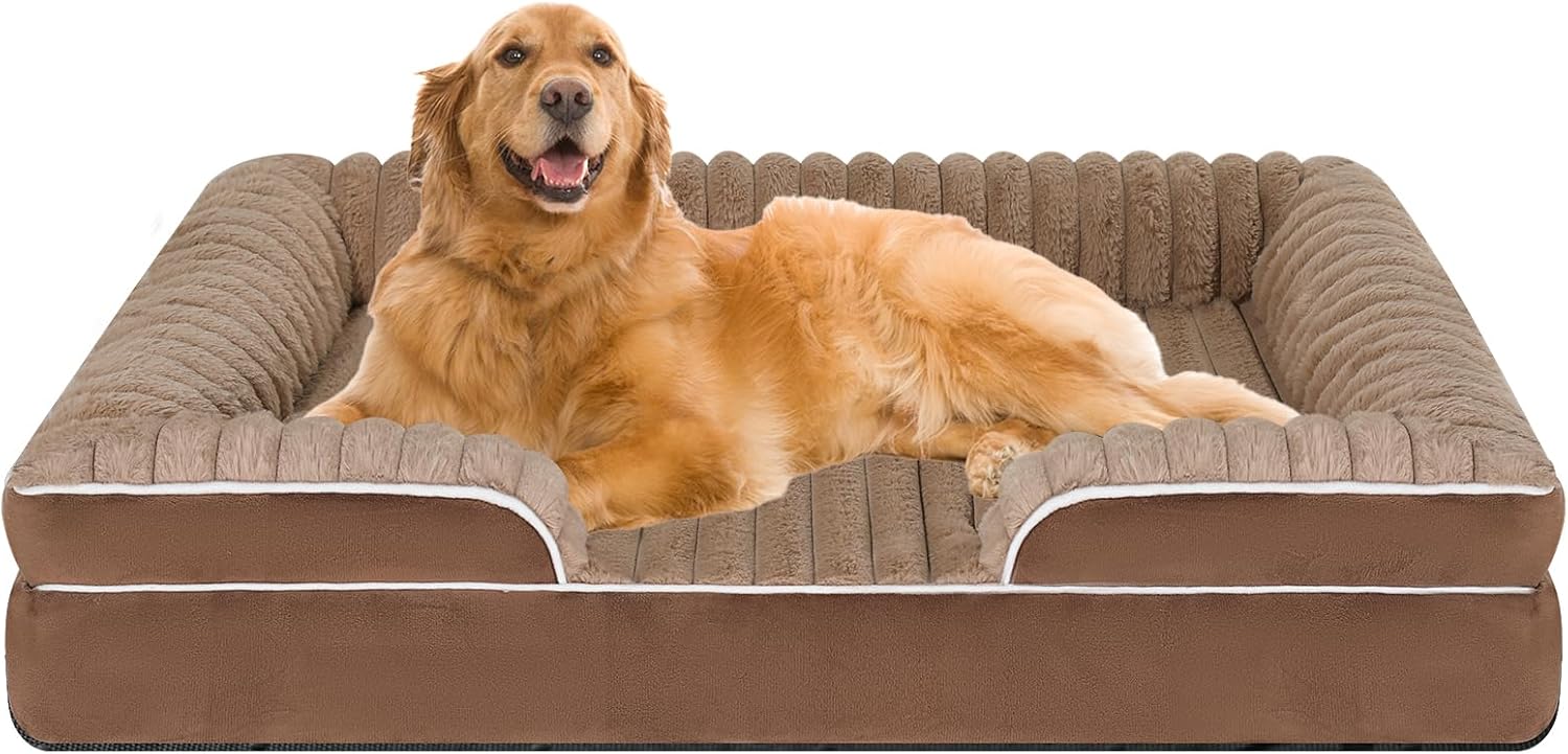 Orthopedic Dog Bed for Large Medium Sized, Washable Memory Foam Large Dog Bed Premium Soft Corduroy Fleece, Durable Medium Pet Sofa with Removable Cover, Washable Waterproof Pet Couch Beds(Brown,XXL)