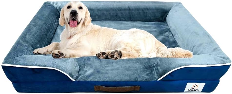 Orthopedic Dog Bed for Medium to Large Dogs – Waterproof, Memory Foam Dog Bed with Washable Cover – Pet Beds for Medium-Large Sized Breeds and Senior Pets – Non-Slip Bottom – Large, Blue & Grey