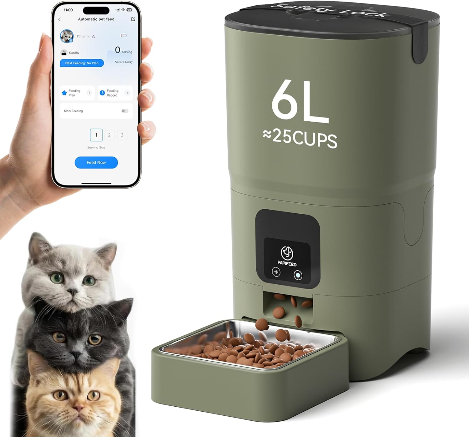 PAPIFEED Automatic Cat Feeder Upgrade, WiFi Pet Feeder with APP Control for Remote Feeding, Detachable for Easy Clean, Dual Power Supply,1-10 Meals Per Day for Multiple Pets (Greener)
