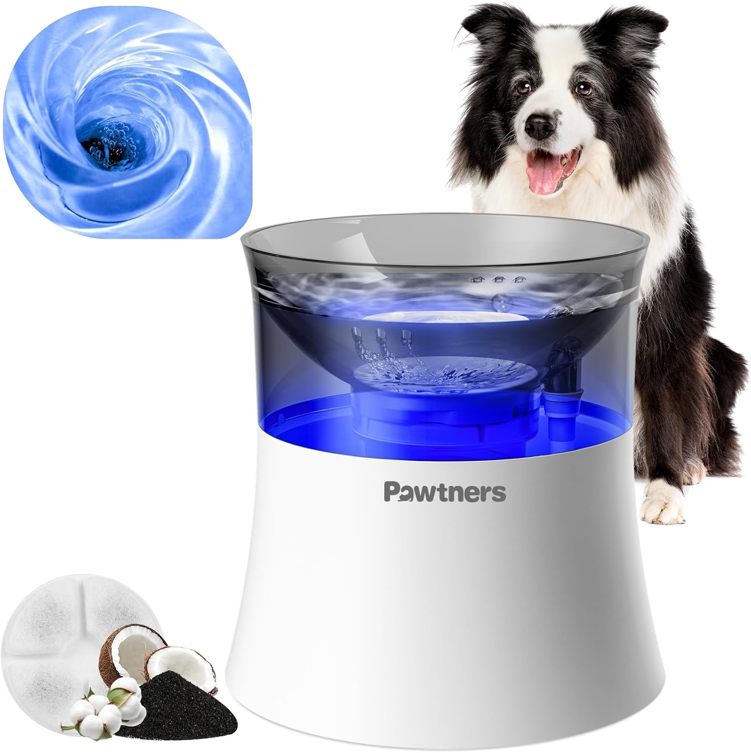 Pawtners Dog Water Fountain, 1 Gallon Automatic No Spill Pet Water Bowl Dispenser for Small Medium Large Dogs with Vortex Filter, Deep Drinking Area and Quiet Pump