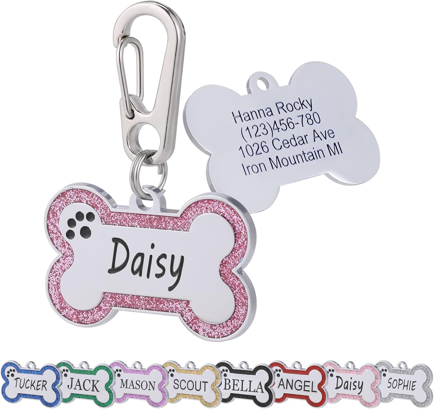 Personalized Stainless Steel Pet ID Tags with Glittery Bone Design – DEEP Engraved Dog Tags Engraved for Pets Customized with 5 Lines Dogs and Cats Pets