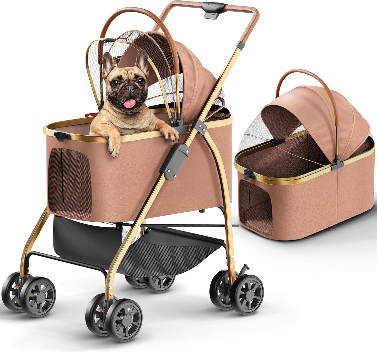 Pet Stroller for Small Medium Dogs & Cats – 2-in-1 Detachable Carrier, Zipperless Entry, Lightweight Folding Travel Stroller with Storage Basket, Cup Holder, Brown