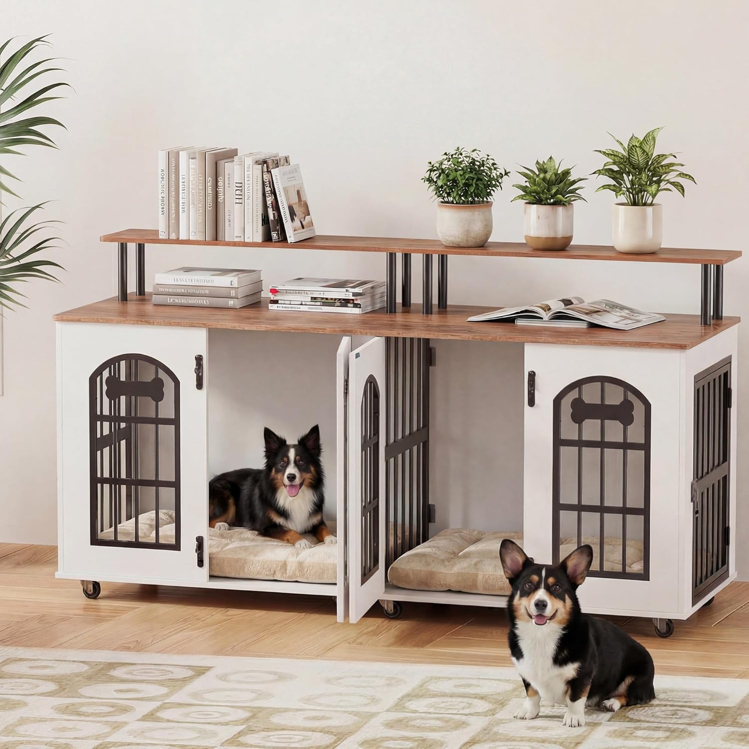 Petrova 63″ Dog Crate Furniture for 2 Dogs, Heavy Duty Indoor Dog Kennel for Medium/Large Dogs, Wooden Dog Cage with Removable Divider, 6 Lockable Wheels, Storage Compartment, White