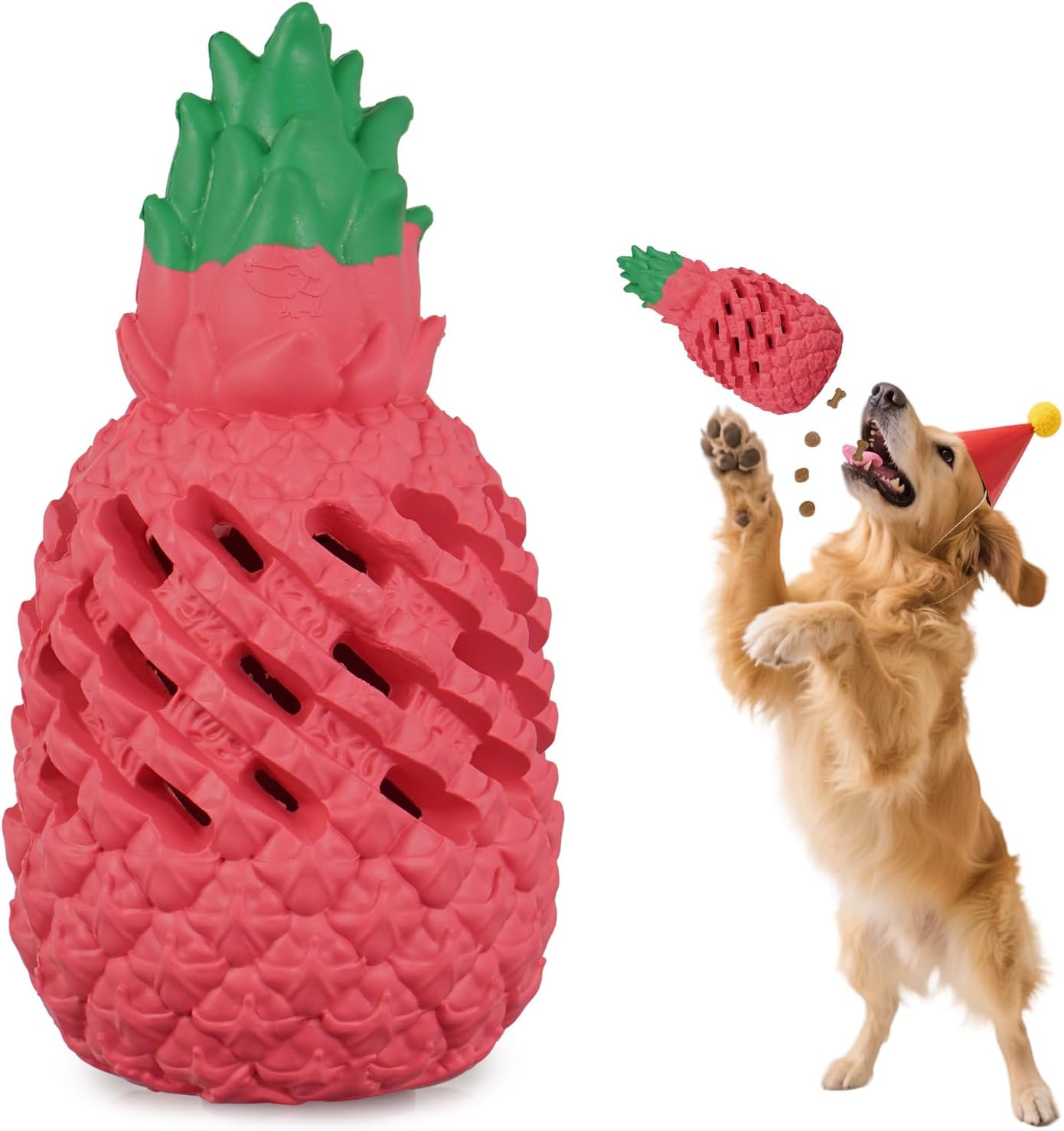 Pink Pineapple Dog Chew Toy, Durable Rubber, Teething & Training, Birthday Party Gift for Small & Medium Dogs