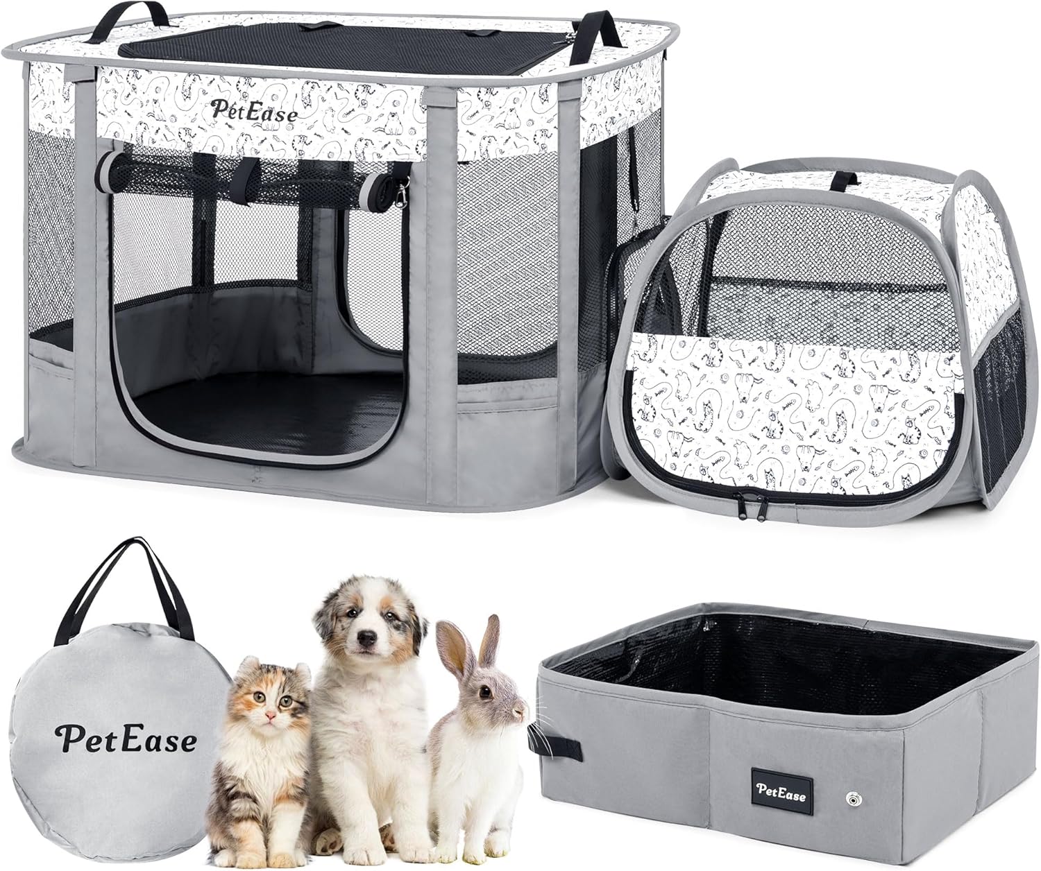 Portable 2-in-1 Dog playpen, Outdoor Cat Playpen with Litter Box Area for Indoor Cats Enclosed Rabbit Puppy Hamster, Indoor/Outdoor Cats Enclosure Cages Tent(Light Gray)