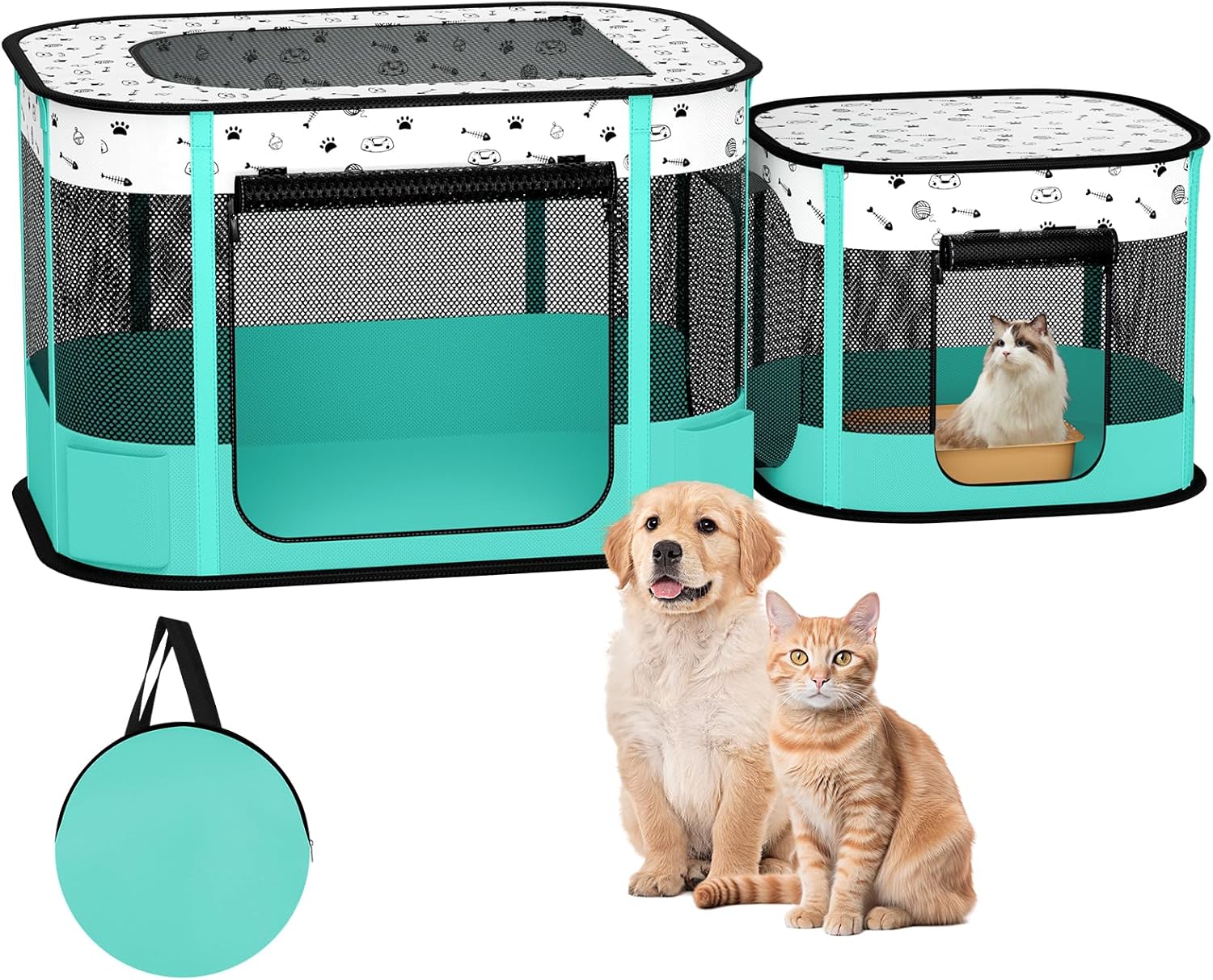 Portable Cat Playpen, 8-Rod Reinforced Kitten Dog Playpens, Foldable Play Pen for Indoor Cats Enclosed Pet Puppy Doggy Outdoor, Collapsible Tent Kennel Cage House(32″x24″x22″)