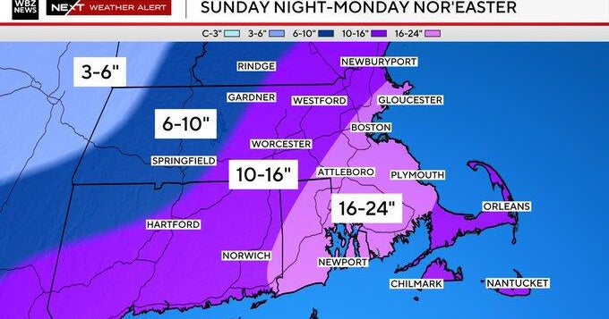 Potential blizzard in Boston could drop a foot of snow or more Monday, weather forecast maps show