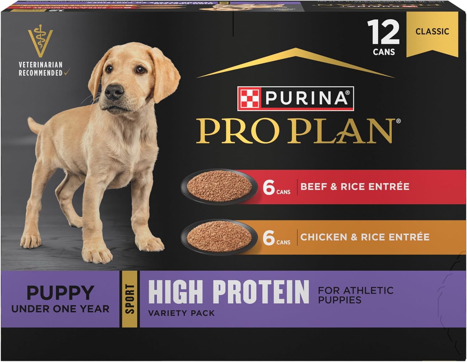 Purina Pro Plan Sport High Protein Wet Puppy Food Beef and Rice Entree and Chicken and Rice Entree Variety Pack – (Pack of 12) 13 oz. Cans