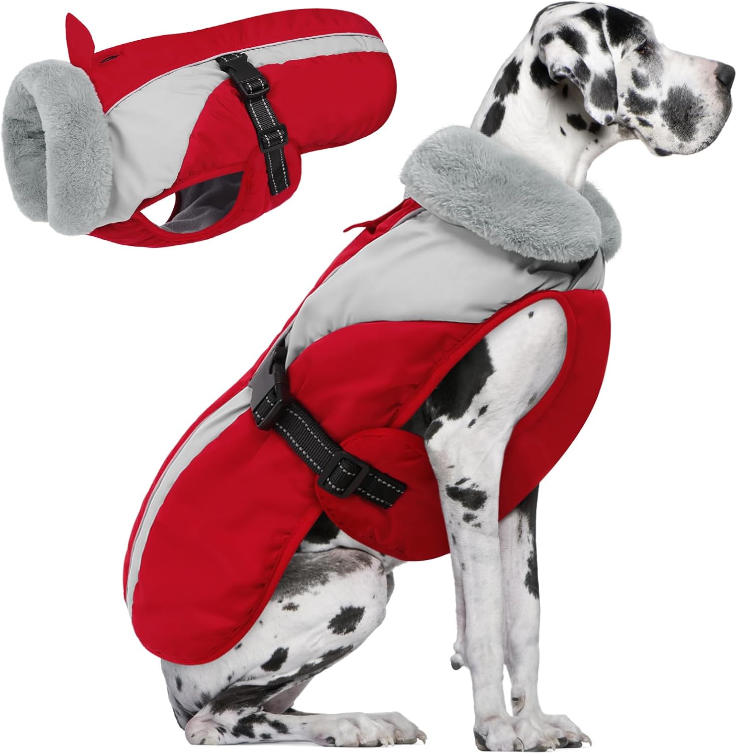 Queenmore XXL Dog Jacket, Winter Coat for Large Dogs, Extra Warm Padding Fleece Puffy Coat Waterproof Snow Parka Jacket for German Shepherd Golden Retriever, Red/Grey