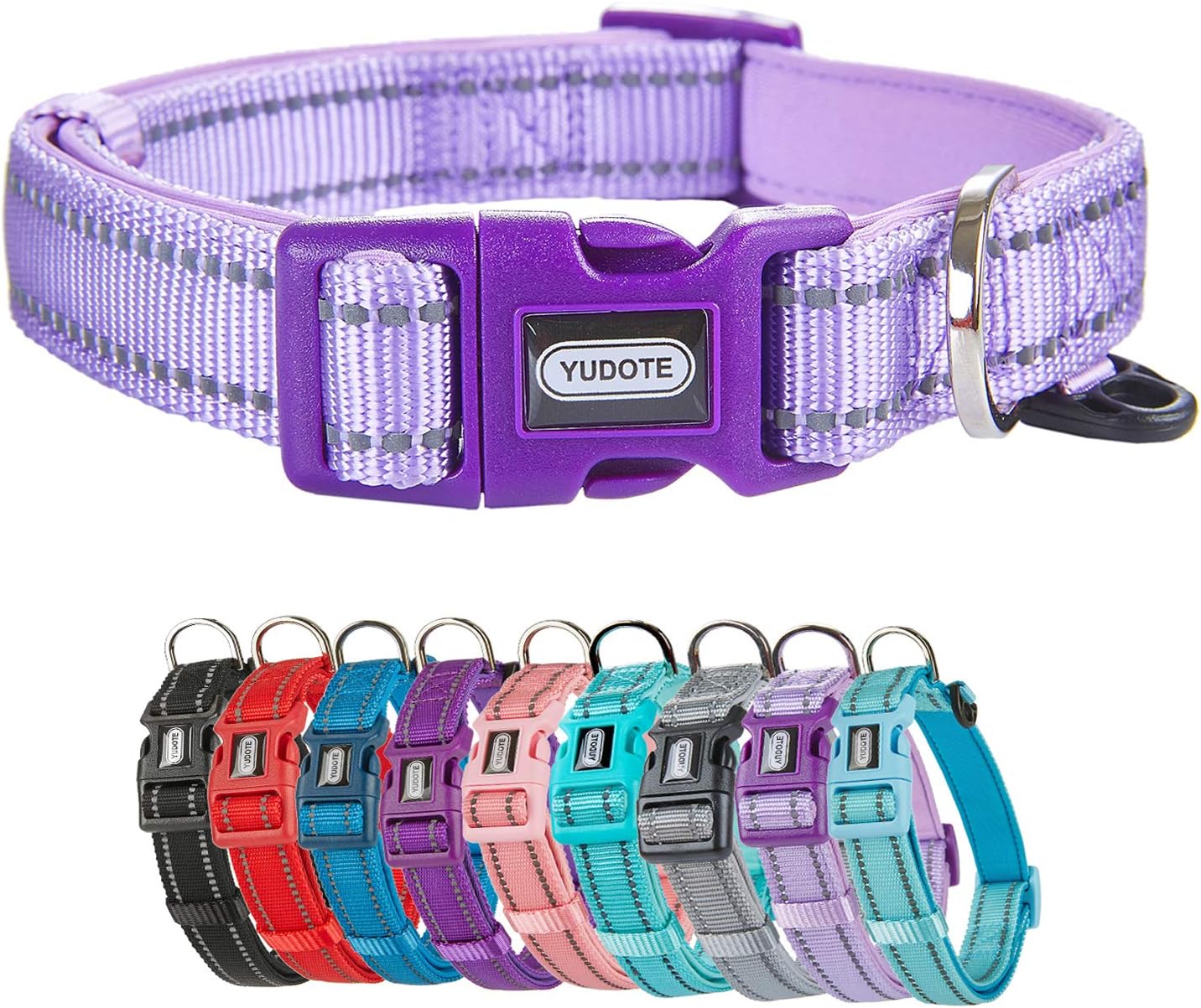 Reflective Nylon Dog Collar with Breathable Neoprene Padding,Adjustable for Medium Dogs.(Neck 13″-18.9″,Lilac Purple)