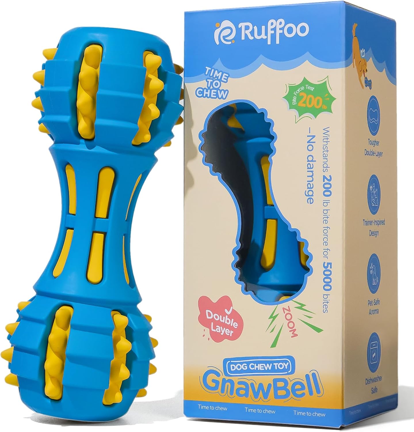 Ruffoo GnawBell Dog Squeaky Chew Toy for Heavy Chewers, Durable Dual-Layer Design, Interactive Natural Rubber Dog Toy for Medium & Large Breeds
