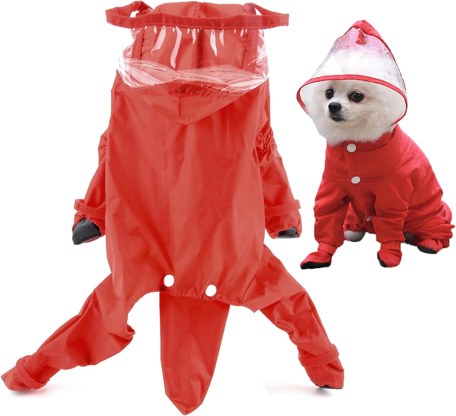 SMALLLEE_LUCKY_STORE Cute Raincoat for Small Dogs with Hood and Boots Detachable Tail Puppy Botton Down Rain Jacket Full Boby 4 Leg Jumpsuit Waterproof Lightweight Clothes,Red,XXL