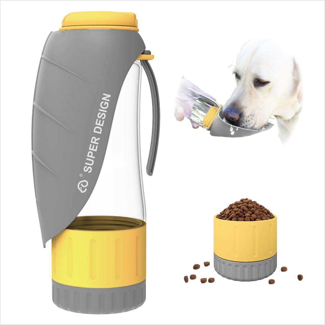 SUPERDESIGN Grey Dog Water Bottle Portable with Food Container, Dog Travel Water Bottle Easy-to-Use, Leak-Proof Design Pet Water Bottle Ideal for Travel,Hiking and Dog Walking Accessories
