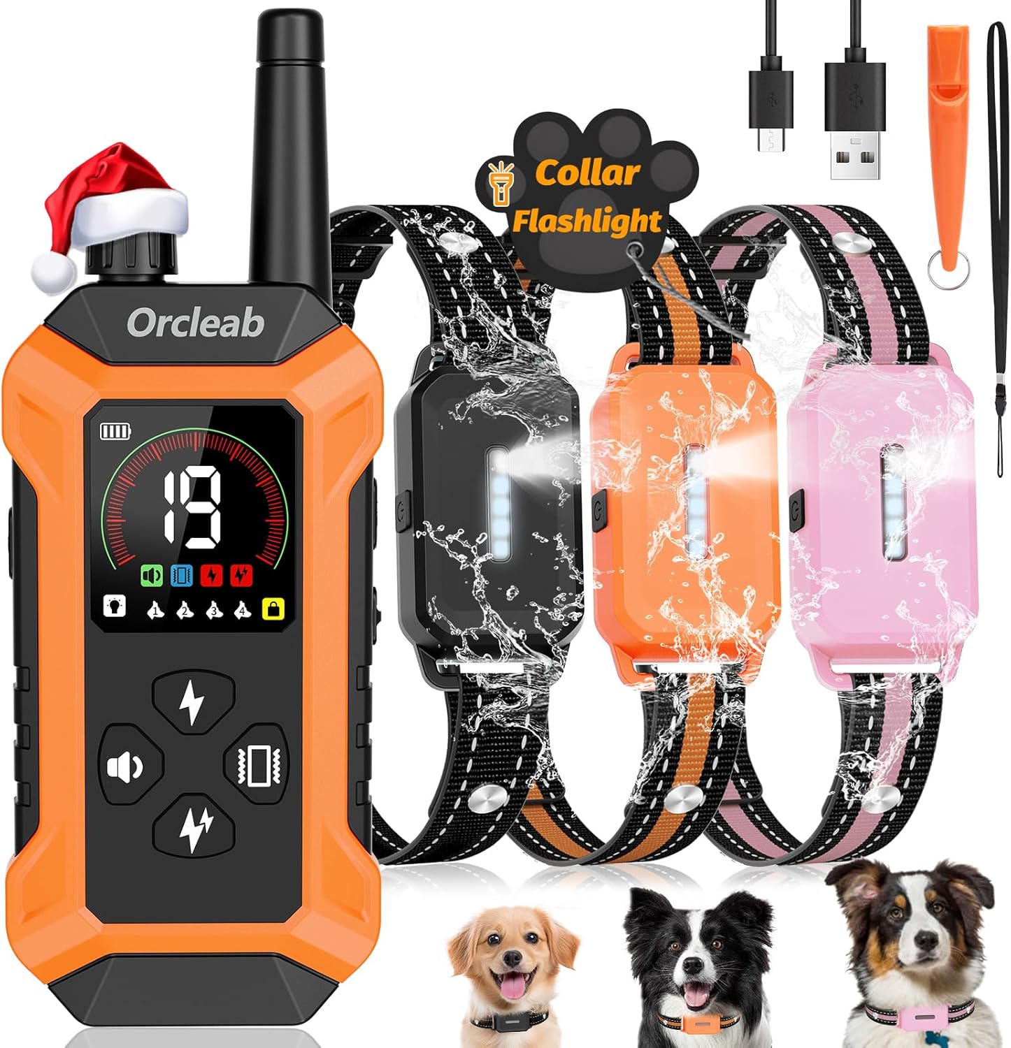Shock Collar with Remote Control for Dogs, IP67 Waterproof Collar with Beep, Vibration, Safe Shock, Flashlight, Shock Collar for 3 Dogs E-Collars for All Breed (10-120Lbs)