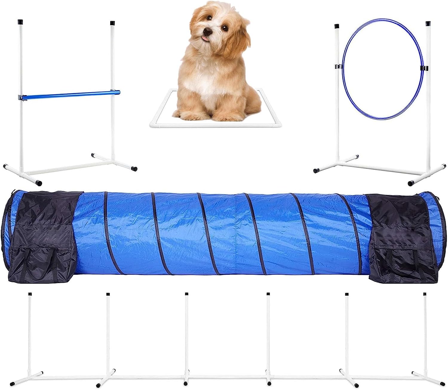 Sporting Dog Beginner Agility Kit | 5-Piece Dog Agility Kit for Dogs | Agility Jumps | Tire Jumps | Braided Poles | 10-Foot Tunnel with Sandbags | Pause Box
