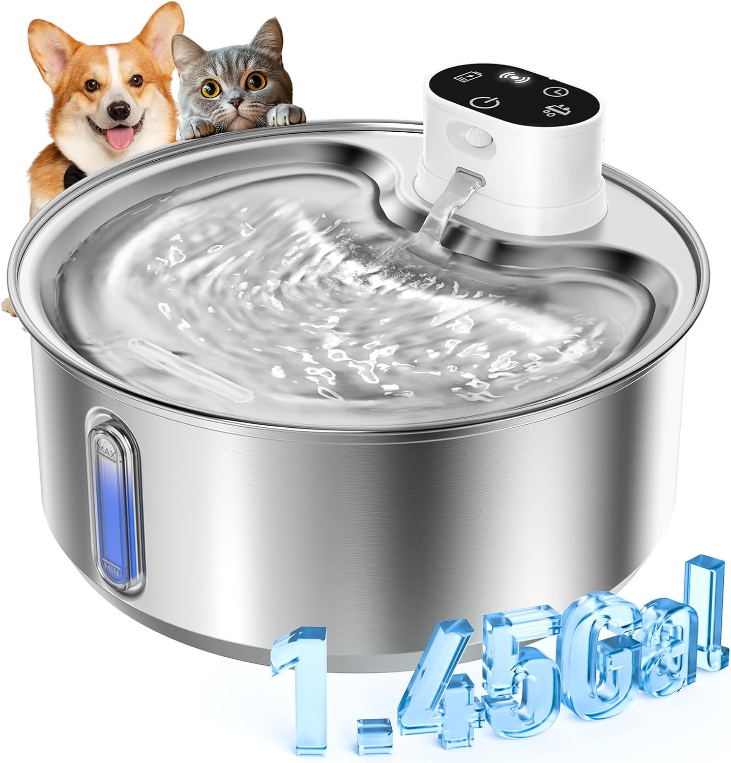 Stainless Steel Cat Water Fountain, 186fl.oz/1.45Gal Wireless Dog Water Fountain Battery Operated, Pet Water Dispenser Cordless for Cats & Dogs Indoor