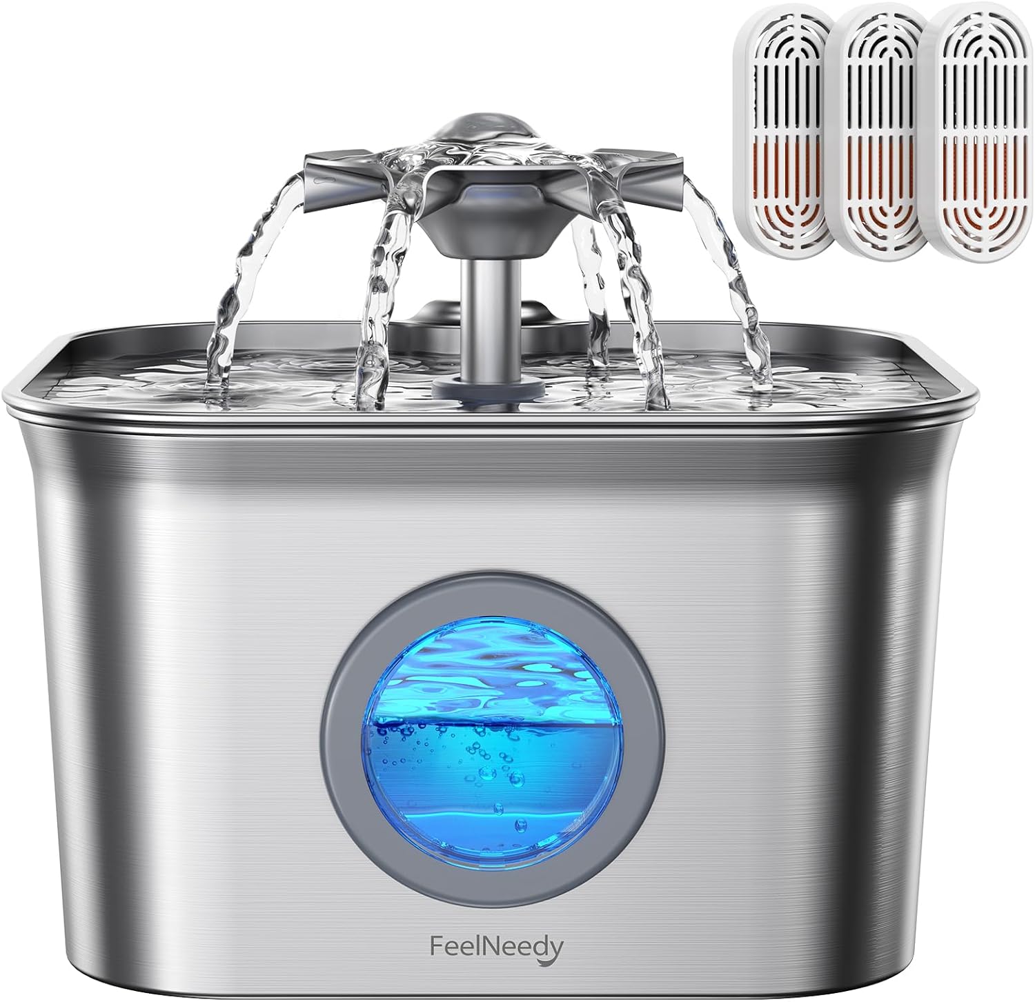 Stainless Steel Cat Water Fountain, 2.8L with 20dB Ultra-Quiet Pump- Ideal for Timid Pets, LED Water Level Window, Dishwasher Safe, 24/7 Circulation- Includes 3 Replacement Filters
