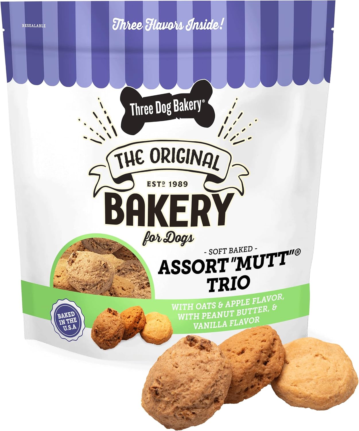 Three Dog Bakery Assort Mutt Trio, 48oz – Delicious Dog Treats with Oats, Apple, Peanut Butter & Vanilla, Premium Dog Training Treats, Puppy Treats