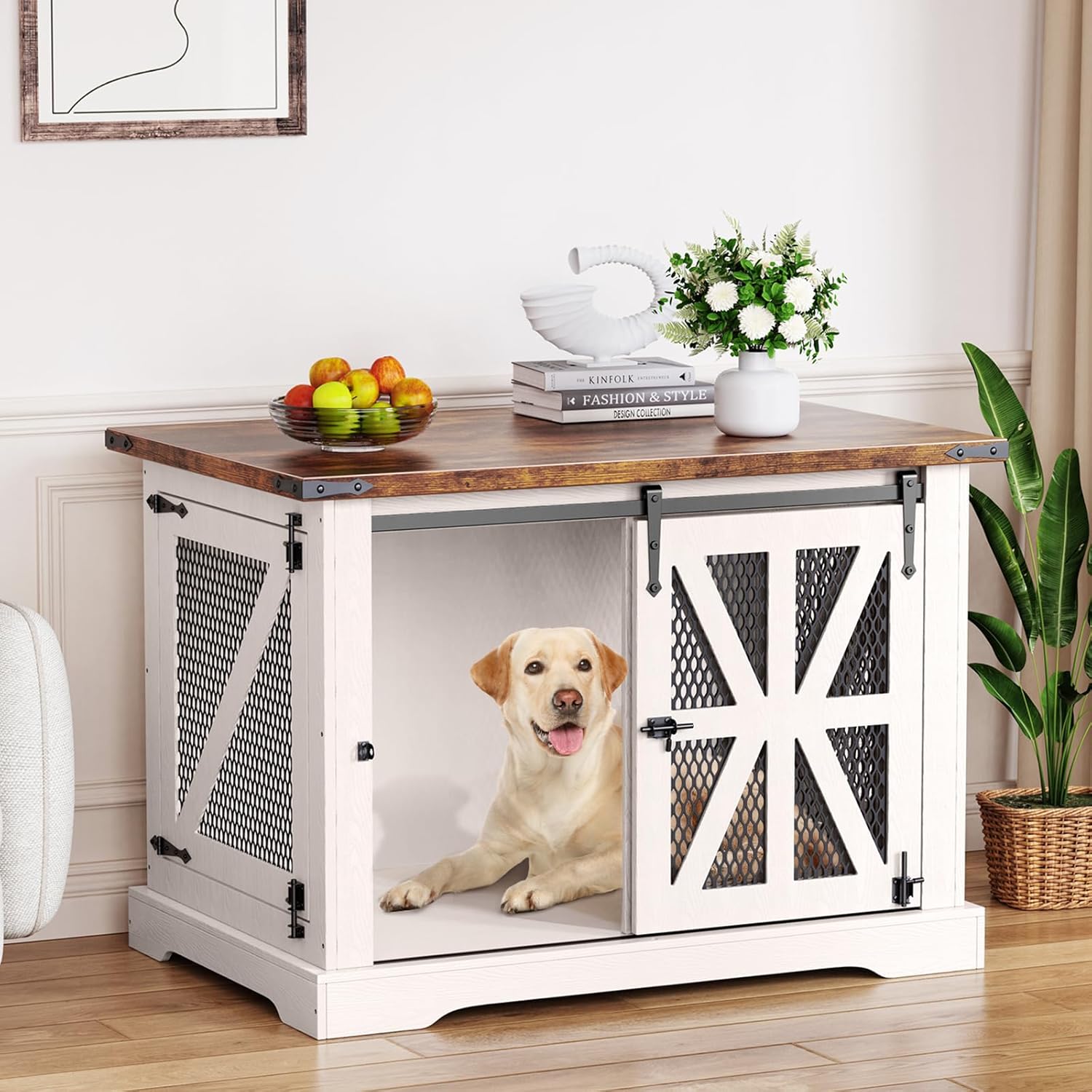 VOPEAK 40″ Farmhouse Dog Crate Furniture, Heavy Duty Dog Crate for Medium Large Dogs, Wood Dog Cage Dog Kennel Indoor with Double Doors, Chew Resistant End Table for Bedroom Living Room, White
