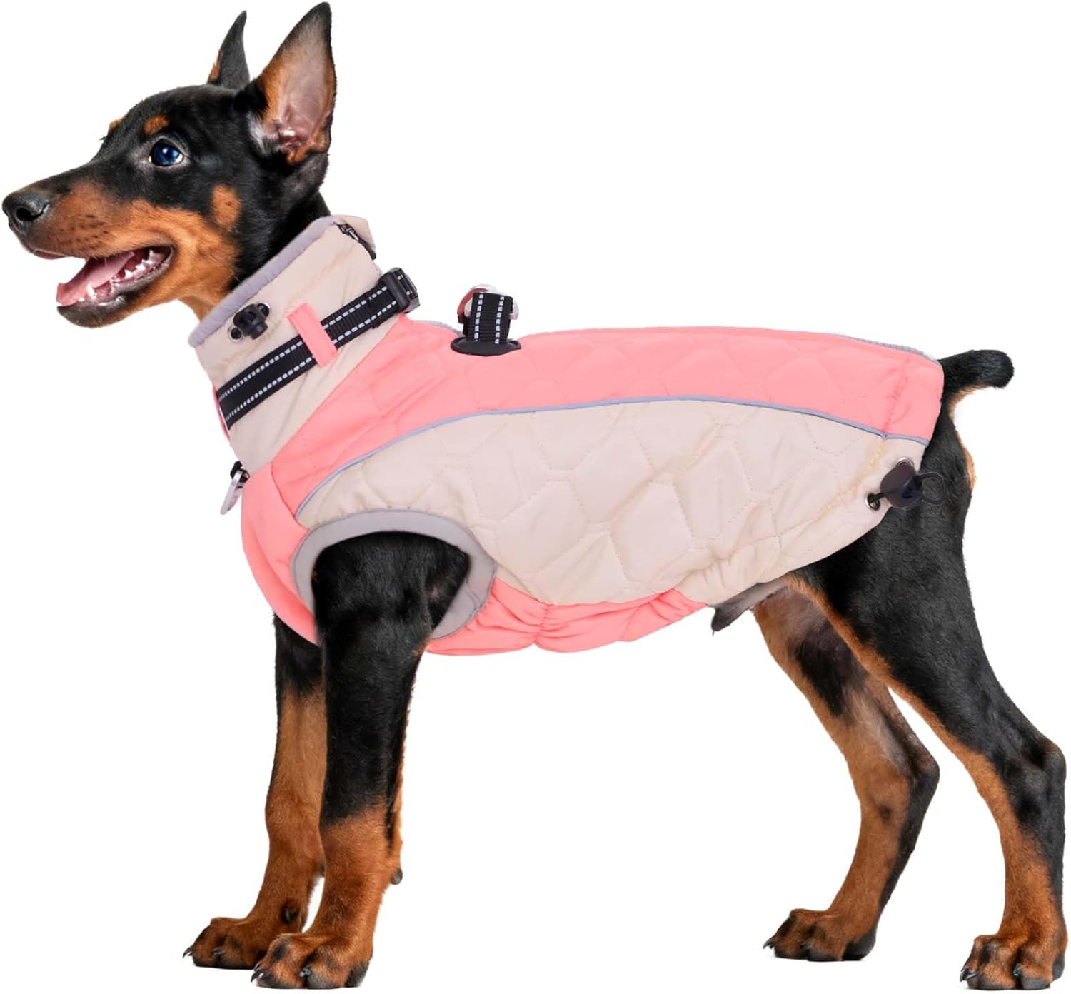 Winter Zippered Quilted Dog Jacket, Small Dog Winter Coat, Turtleneck Reflective Fleece Jacket, Water Resistant Warm Clothes with Buckles & D Ring for Leash and ID Tags- XS Pink