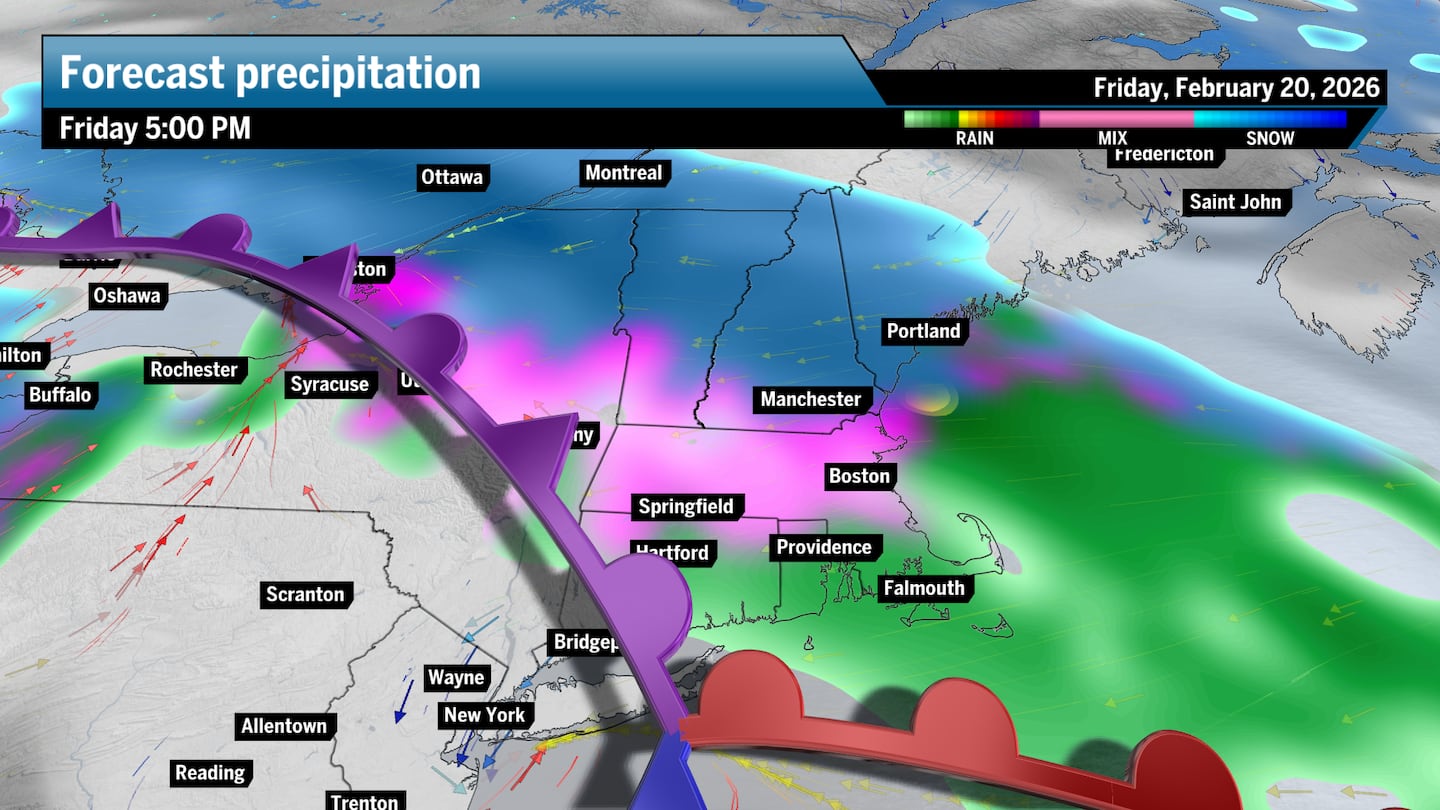 The storm forecast as of 5 p.m. on Friday.