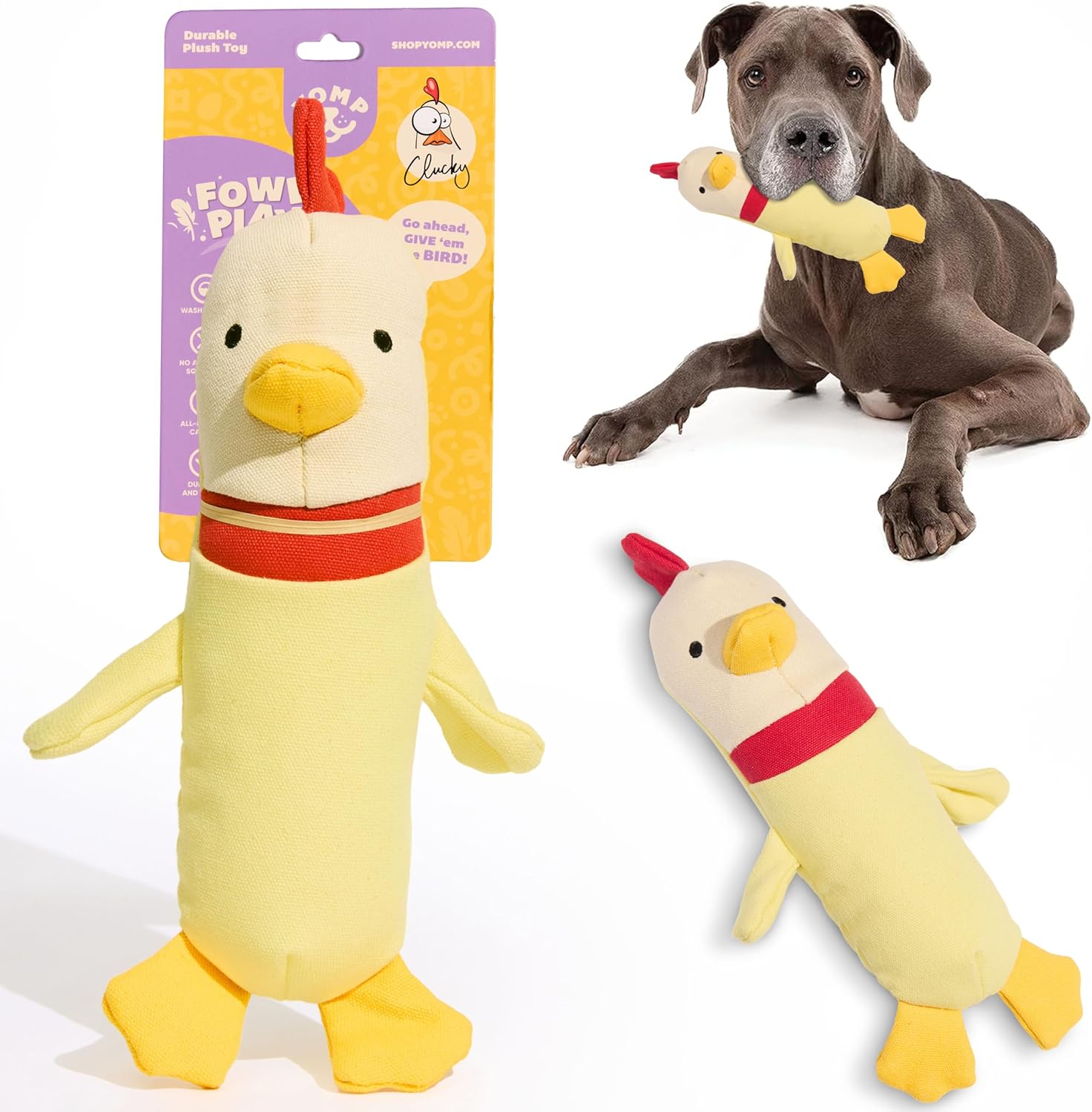 Yomp Chicken Dog Toy – Durable Stuffed, No Squeaker Dog Toys with Natural Canvas and Crinkle Paper – Interactive Stuffed Animal for Dogs (Clucky)