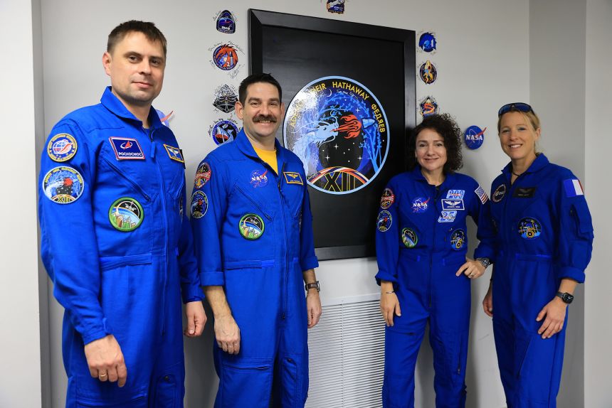 NASA’s SpaceX Crew-12 crew members from left, Roscosmos cosmonaut Andrey Fedyaev, NASA astronauts Jack Hathaway and Jessica Meir, and European Space Agency astronaut Sophie Adenot at NASA’s Kennedy Space Center in Florida on February 9.