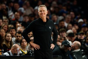 PORTLAND, OREGON - APRIL 11: Head coach Steve Kerr of the Golden State Warriors looks on during the second quarter of the game against the Portland Trail Blazers at the Moda Center on April 11, 2025 in Portland, Oregon. NOTE TO USER: User expressly acknowledges and agrees that, by downloading and or using this photograph, User is consenting to the terms and conditions of the Getty Images License Agreement. (Photo by Alika Jenner/Getty Images)