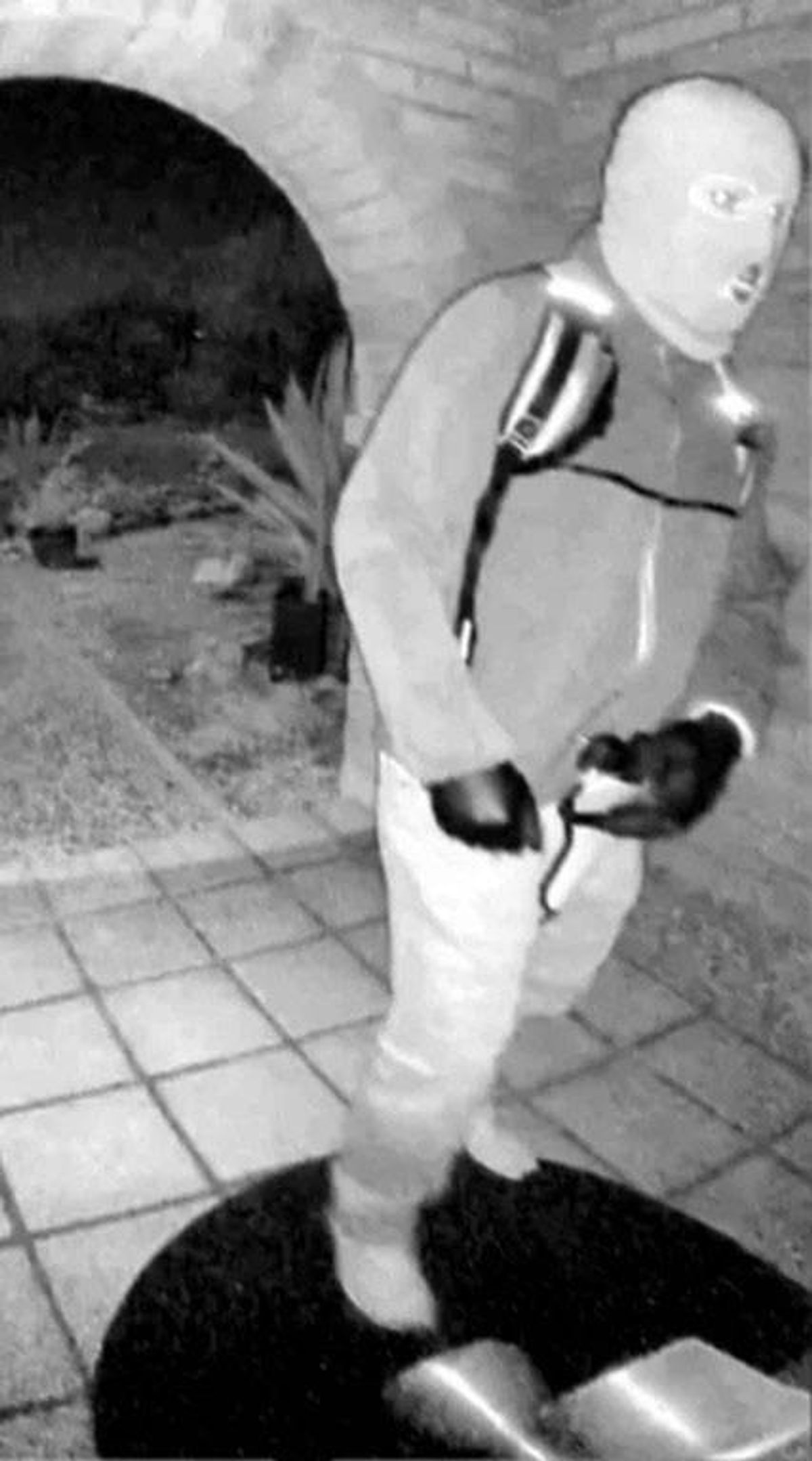 A black-and-white photograph depicts an individual dressed in protective gear, including a jacket and gloves, standing in a garden area. The individual is positioned near a pathway and a plant, with the background slightly blurred.