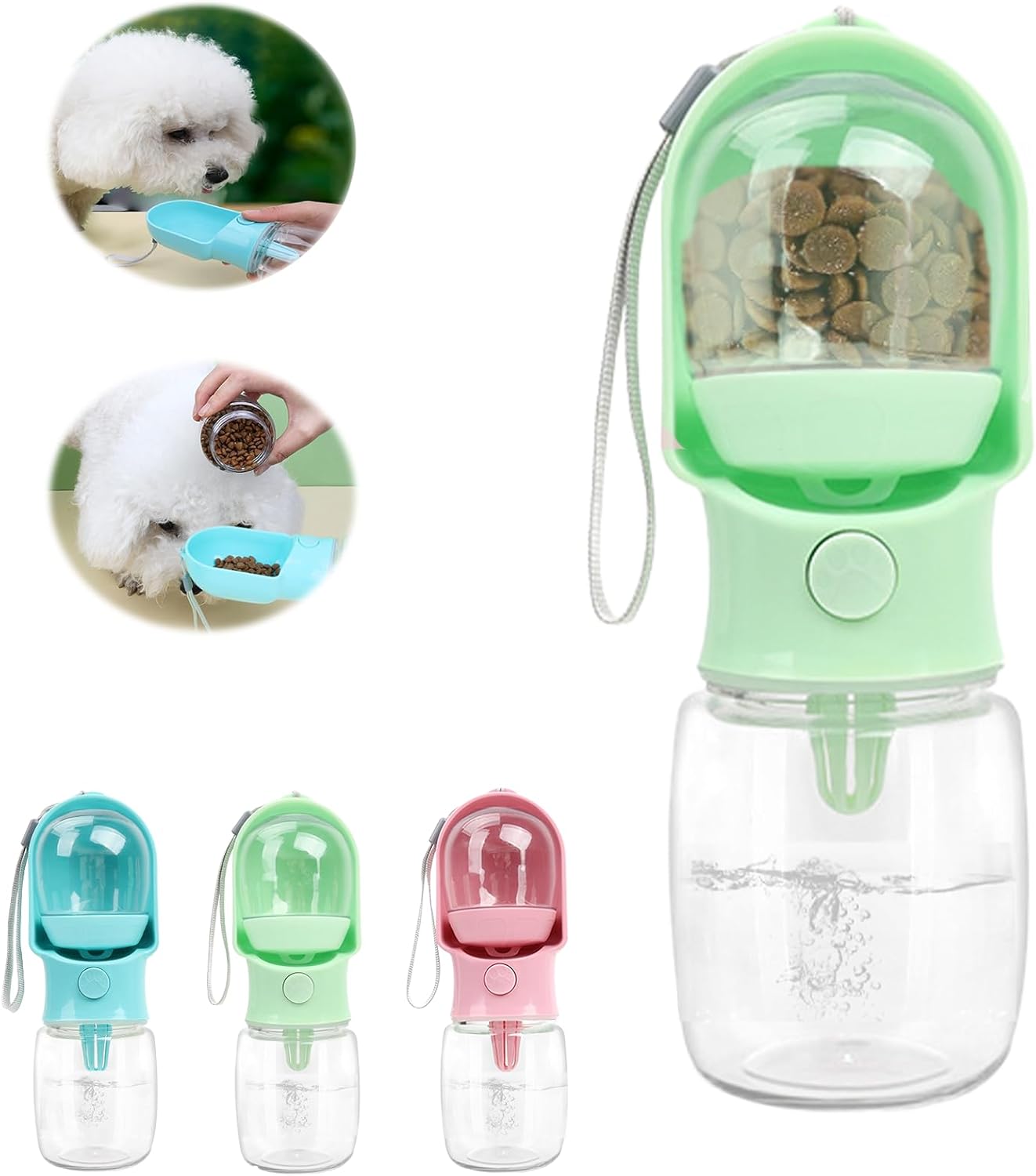 11oz Portable Dog Water Bottle with 6oz Food Container – Leakproof Travel Dispenser for Cats, Dogs & Service Animals, Dog Walking Accessories-Green