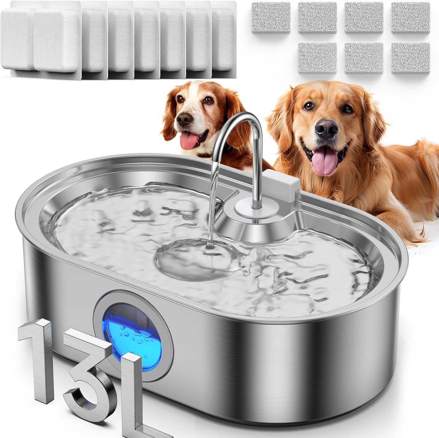 3.4Gal Dog Water Fountain for Large Dogs, 13L Stainless Steel Large Pet Fountain with Deeper & Wider Drinking Area, Automatic Dog Water Bowl Dispenser with Water Window (with 7 Filters)