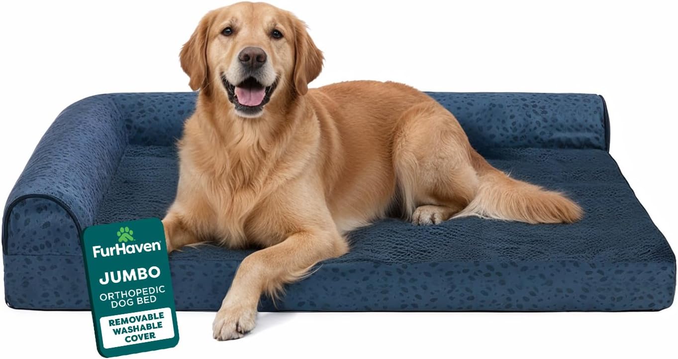 Furhaven Orthopedic Dog Bed for Large Dogs w/ Removable Bolsters & Washable Cover, For Dogs Up to 95 lbs – Plush & Almond Print L Shaped Chaise – Blue Almonds, Jumbo/XL