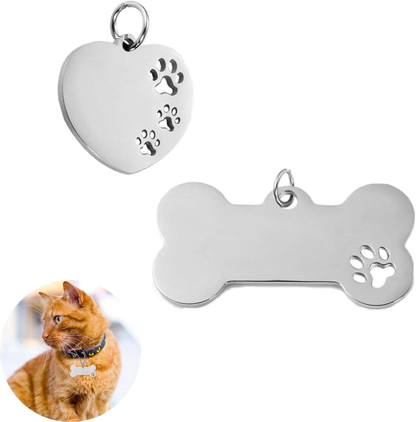 2 Pack Blank Dog Tags Stainless Steel Bone Heart Paw Shaped Pet ID Tags for Military Dogs Laser Engraved Stamping Personalizing Name Phone DIY Custom Neck Leash Collar Pendant Charms