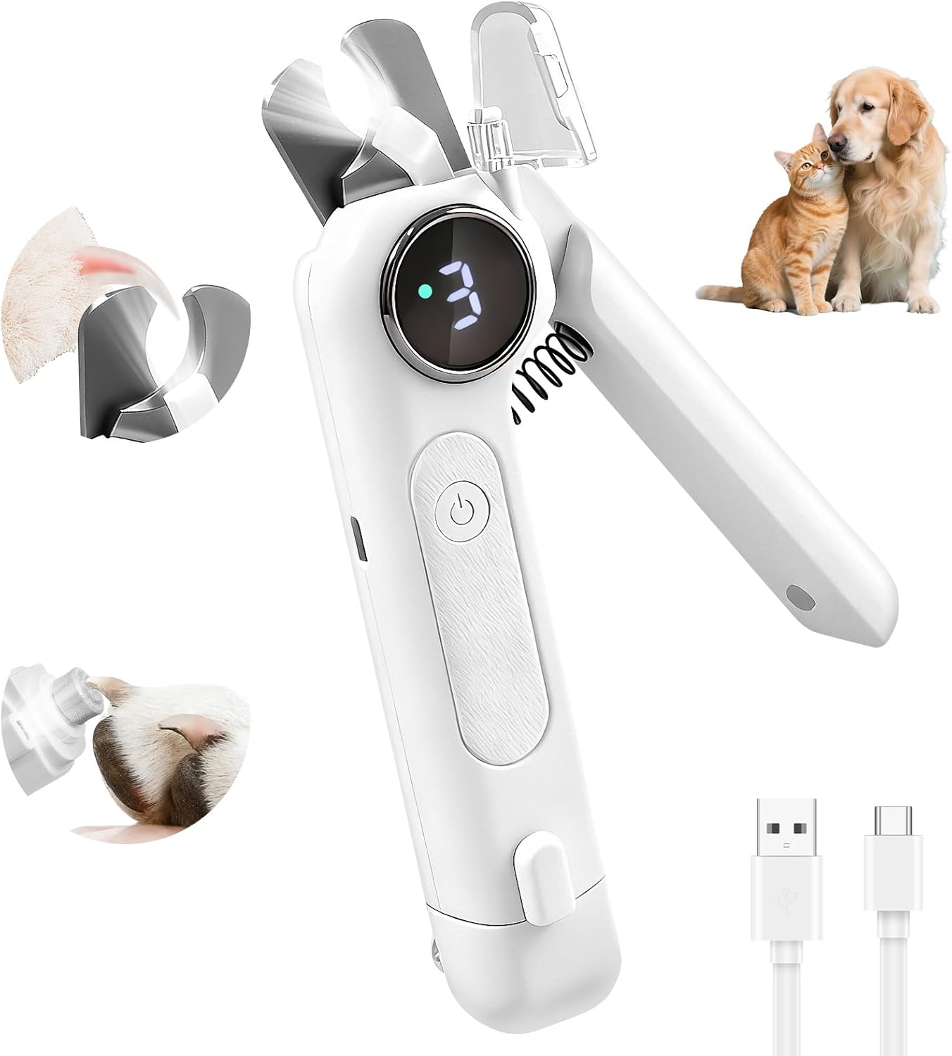 2-in-1 Dog Nail Clippers and Grinder, Electric Dog Nail Trimmer for Large Medium Small Dogs & Cats with 3 Speeds, USB Rechargeable, Quick Sensor, Splash Guard & LED Lights, Safe & Painless (White)