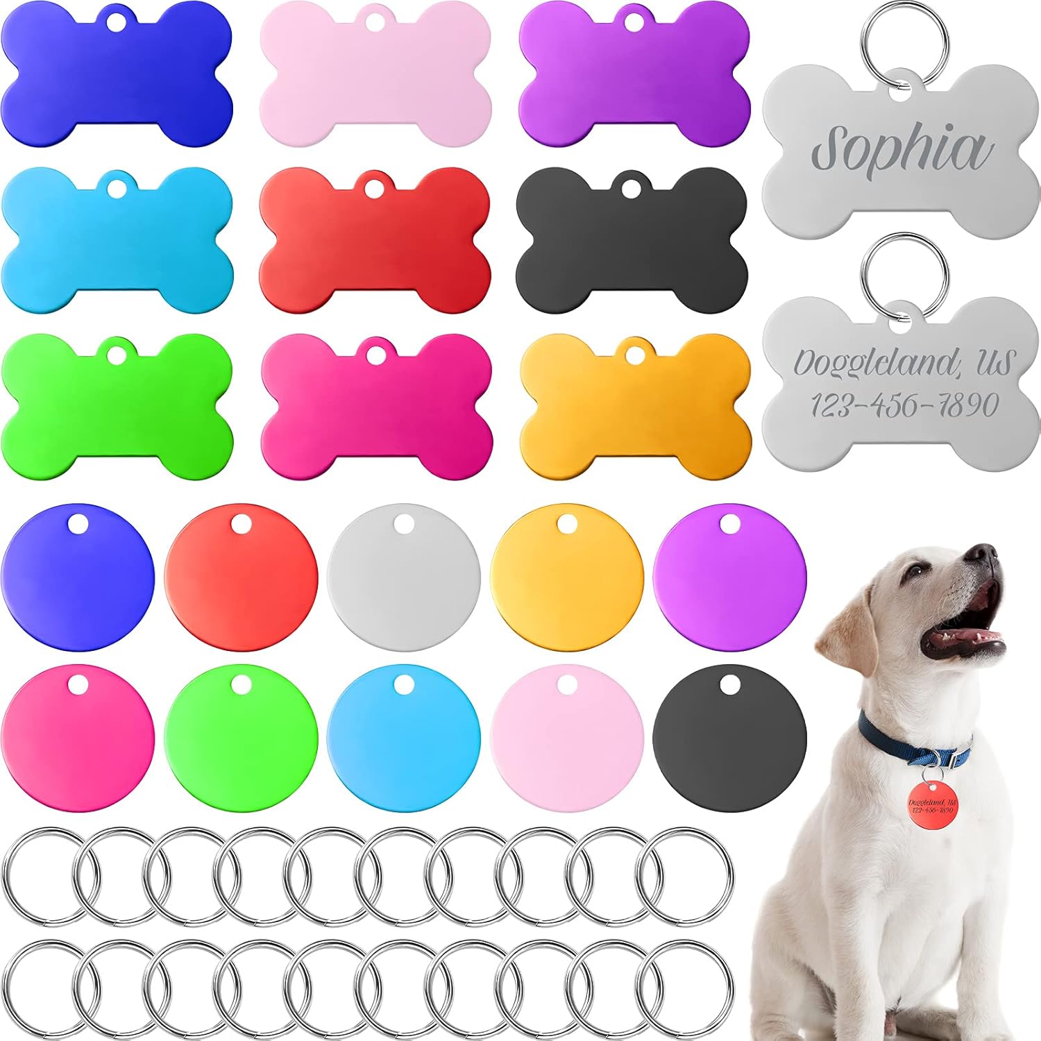 20 Pieces Colorful Aluminum Pet ID Tags Set with Keyrings Stamped Pet Blank Round Bone Shape Dog Tags Personalized Engraved Name Number for Cat Puppy Kitten, 10 Colors