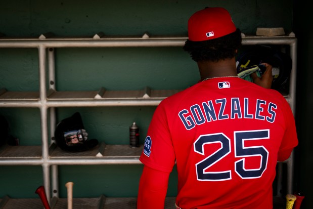 FORT MYERS, FLORIDA - MARCH 7: Justin Gonzales #25 of the Boston Red Sox looks on in the dugout ahead of a Grapefruit League game against the Tampa Bay Rays at JetBlue Park at Fenway South in Fort Myers, Florida on Saturday, March 7, 2026. (Photo by Rachel O'Driscoll/Boston Red Sox)