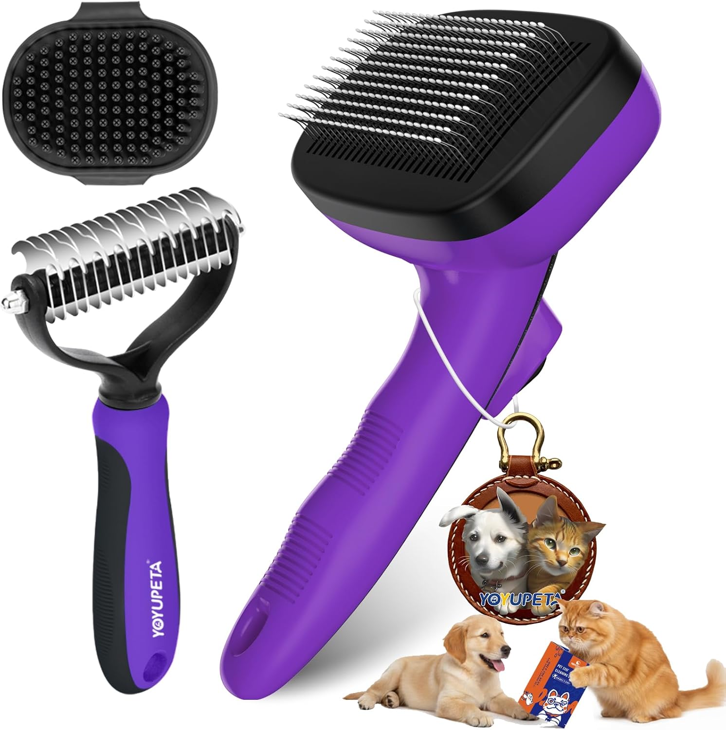 3PC Dog Brush Kit – Self-Cleaning Slicker Brush with Bath Brush & Undercoat Rake | Deshedding Tools for Large – Small Dogs & Cats, Professional Pet Grooming Set for Heavy Shedding, Purple