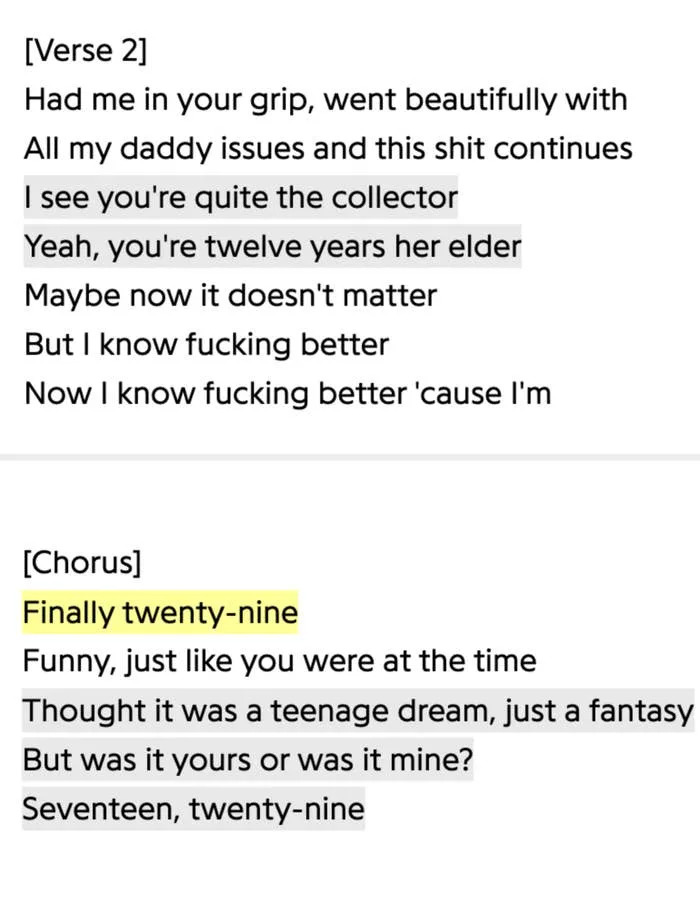 Lyrics discuss a relationship with an age gap