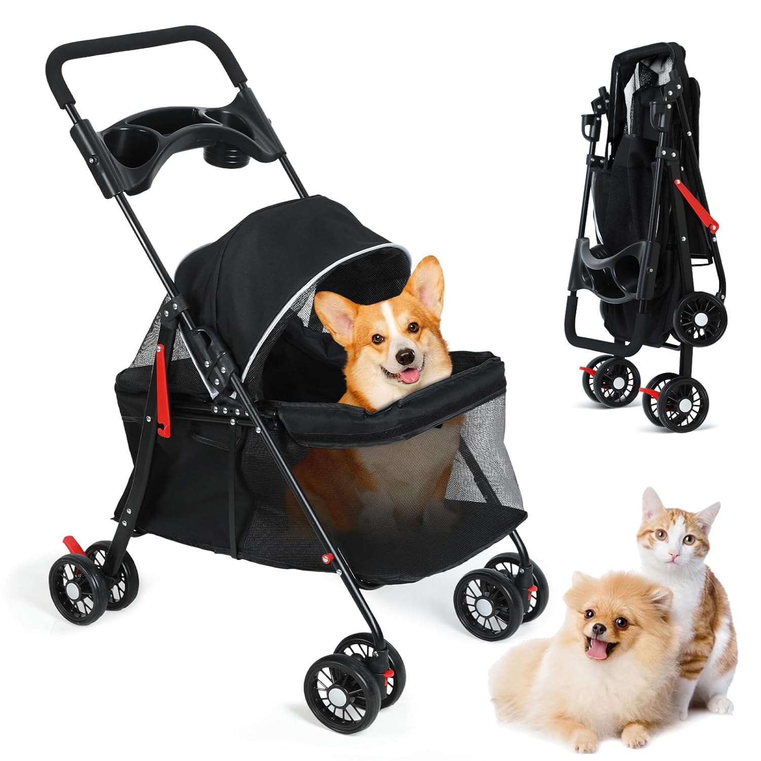 4 Wheels Pet Stroller for Medium Small Dog up to 50lbs, Dog Cat Stroller, Outdoor Travel Pet Folding Strollers, Cat Cage Strollers with Cup Holder, Breathable and Visible Mesh 1 Set