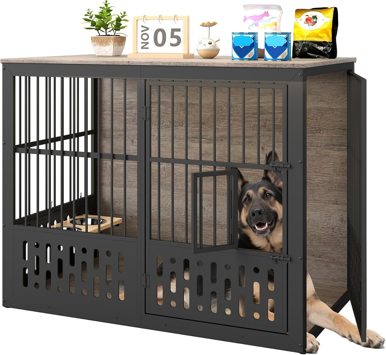 48 Inch XXL Dog Crate Furniture, Wooden Chewproof Dog Kennel with Interactive Window, 360° Adjustable Bowls (5 Heights), Storage Table Top, Heavy Duty XL Dog Crate for Medium Large Dogs, Gray