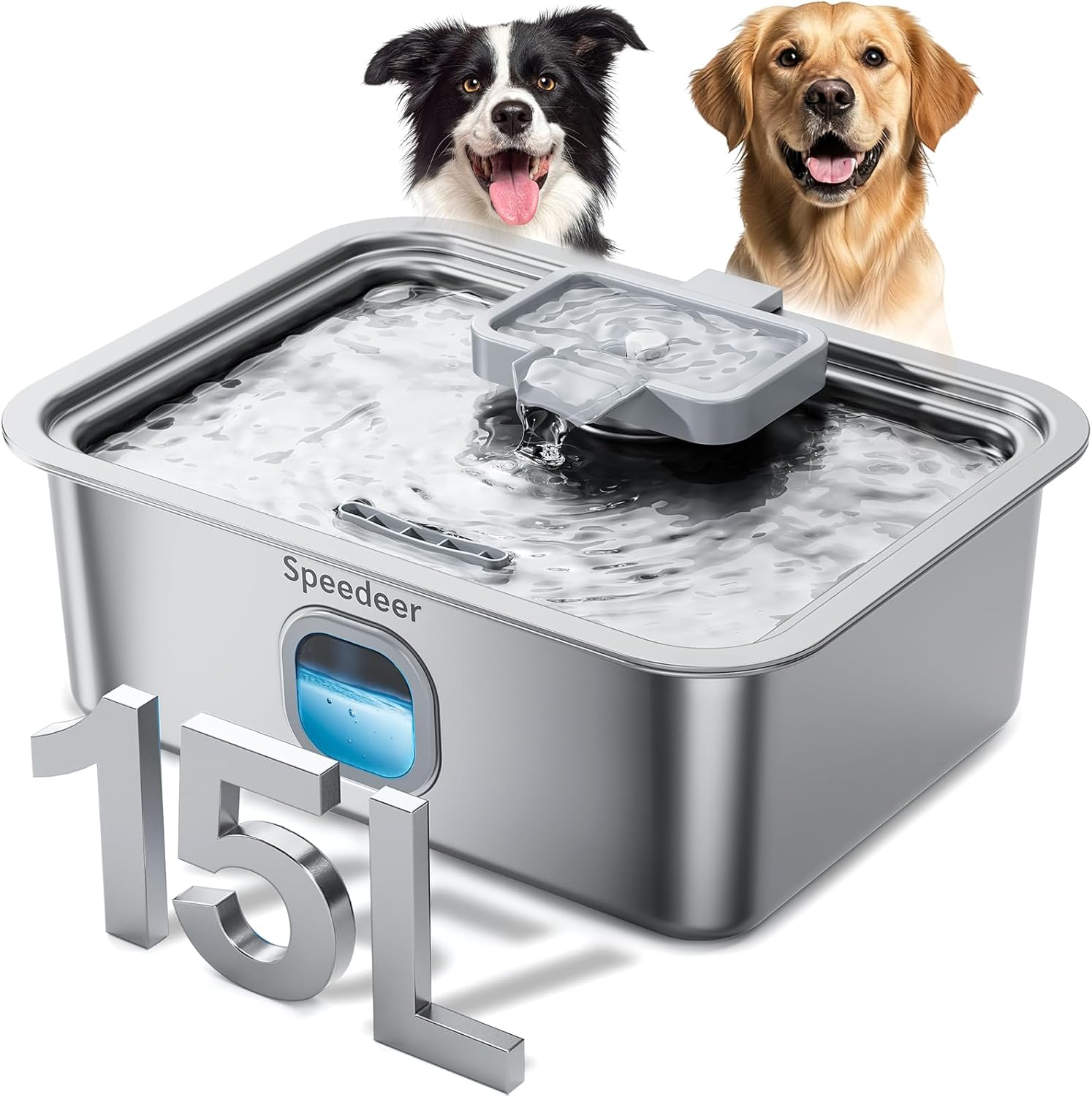 4Gal/15L Dog Water Fountain for Large Dogs, Stainless Steel Large Pet Drinking Fountain, Automatic Dog Water Bowl Dispenser with Deeper & Wider Drinking Area, Multi-Filtration, Ultra-Quiet