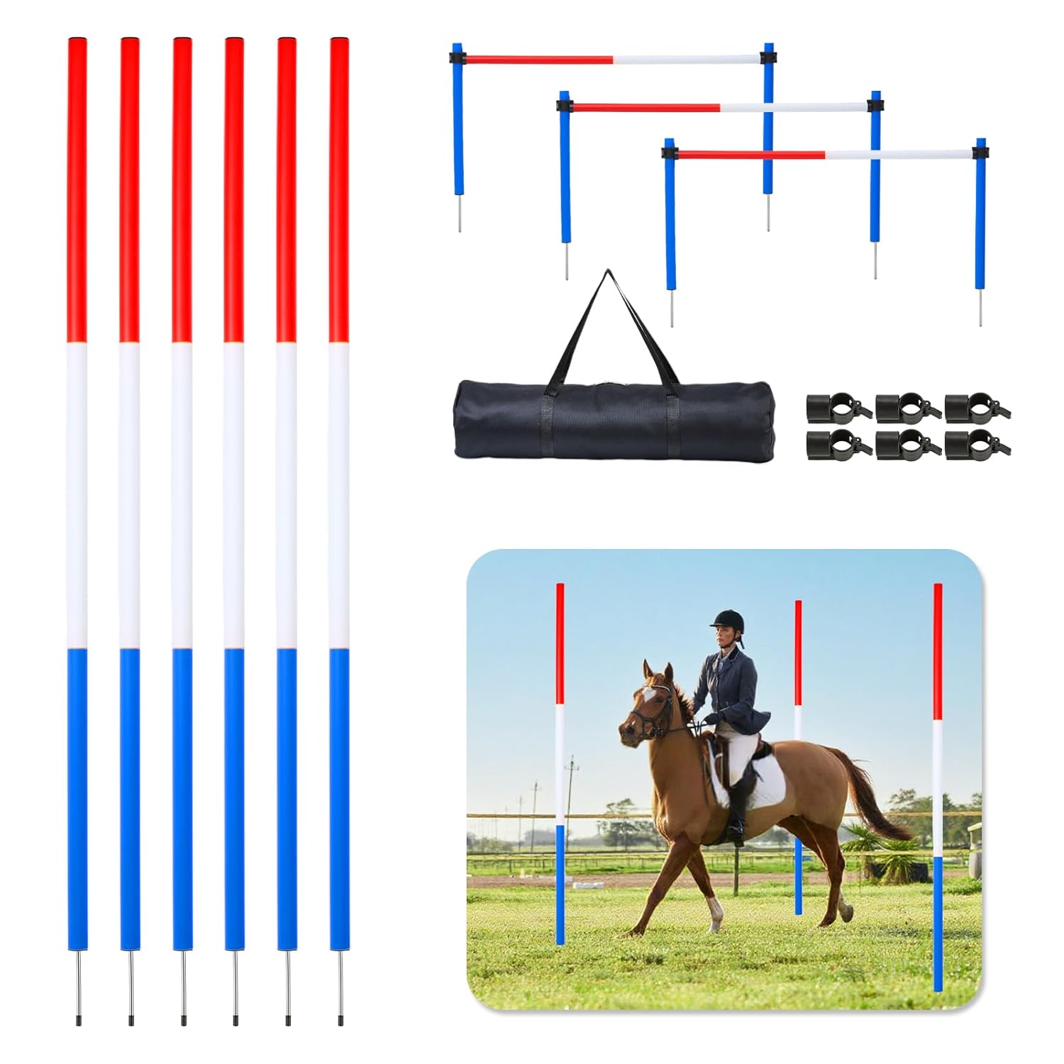 6 Pcs Pole Bending Poles for Horses,6FT Adjustable Equestrian Training Equipment for Horses,Agility Poles for Horses,Soccer & Dog,Red, White, Blue