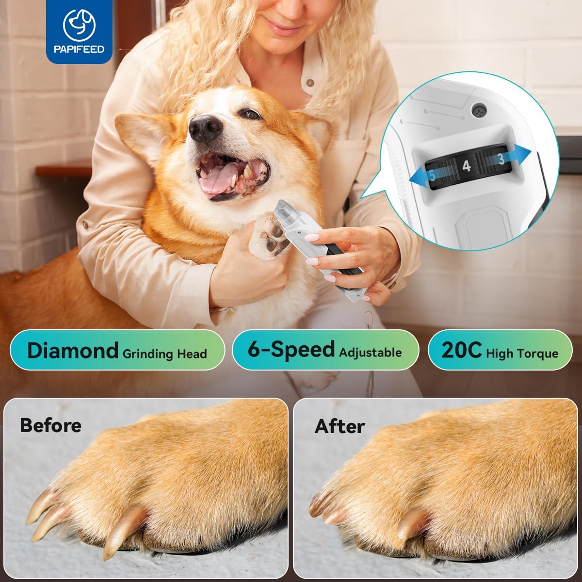 6 Speed Pet Nail Grinder with Dual LED Lights,with Dust Proof Cover,Pet Nail Grinder Super Quiet Rechargeable Electric Dog Nail Trimmer Painless Paws Grooming & Smoothing Tool for Medium Small Dog