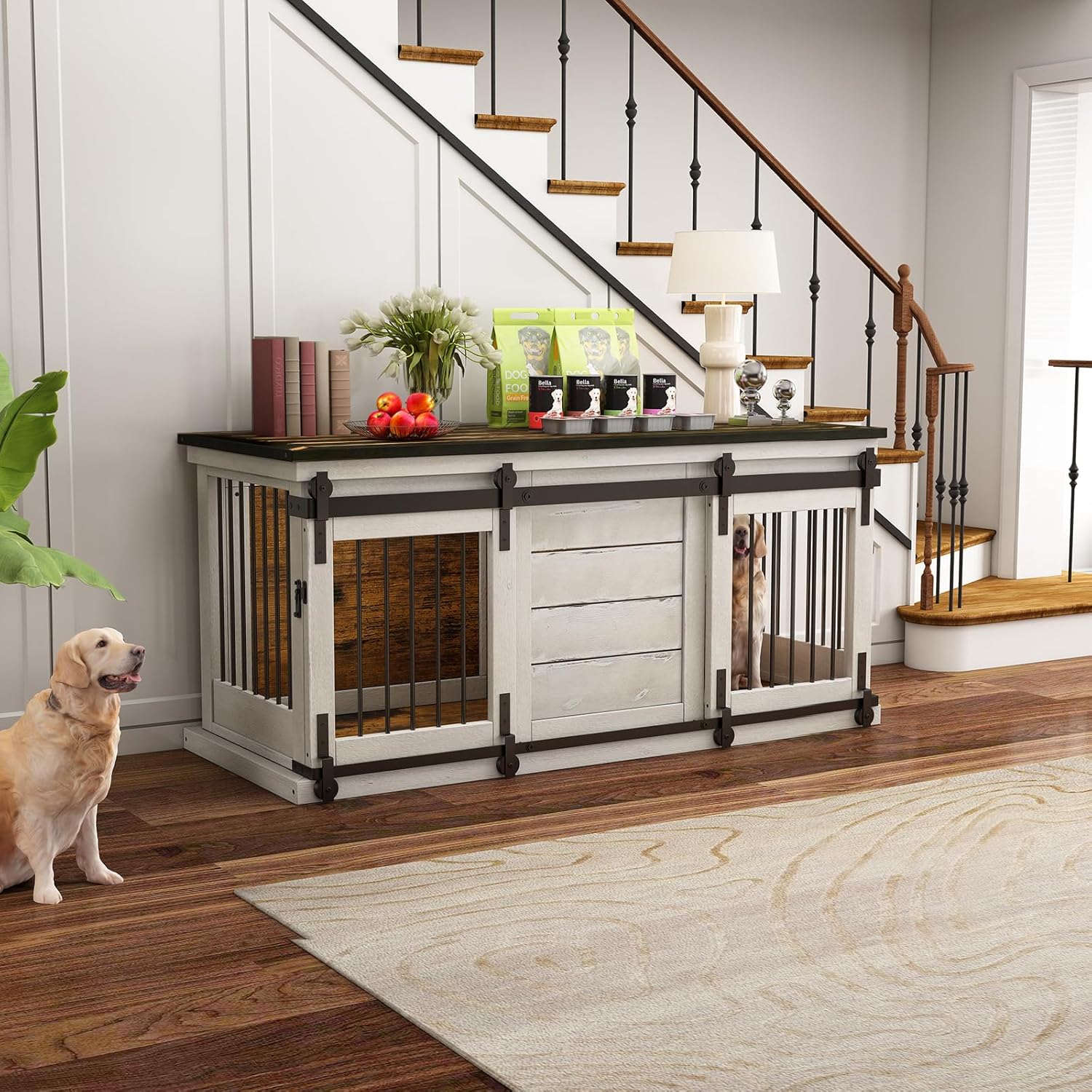 62″ Large Dog Crate Furniture for 2 Dogs,Heavy Duty Dog Kennel Indoor with Removable Divider&Sliding Barn Door,Industrial Style Solid Wood Double Dog Crate for Extra Large Breeds