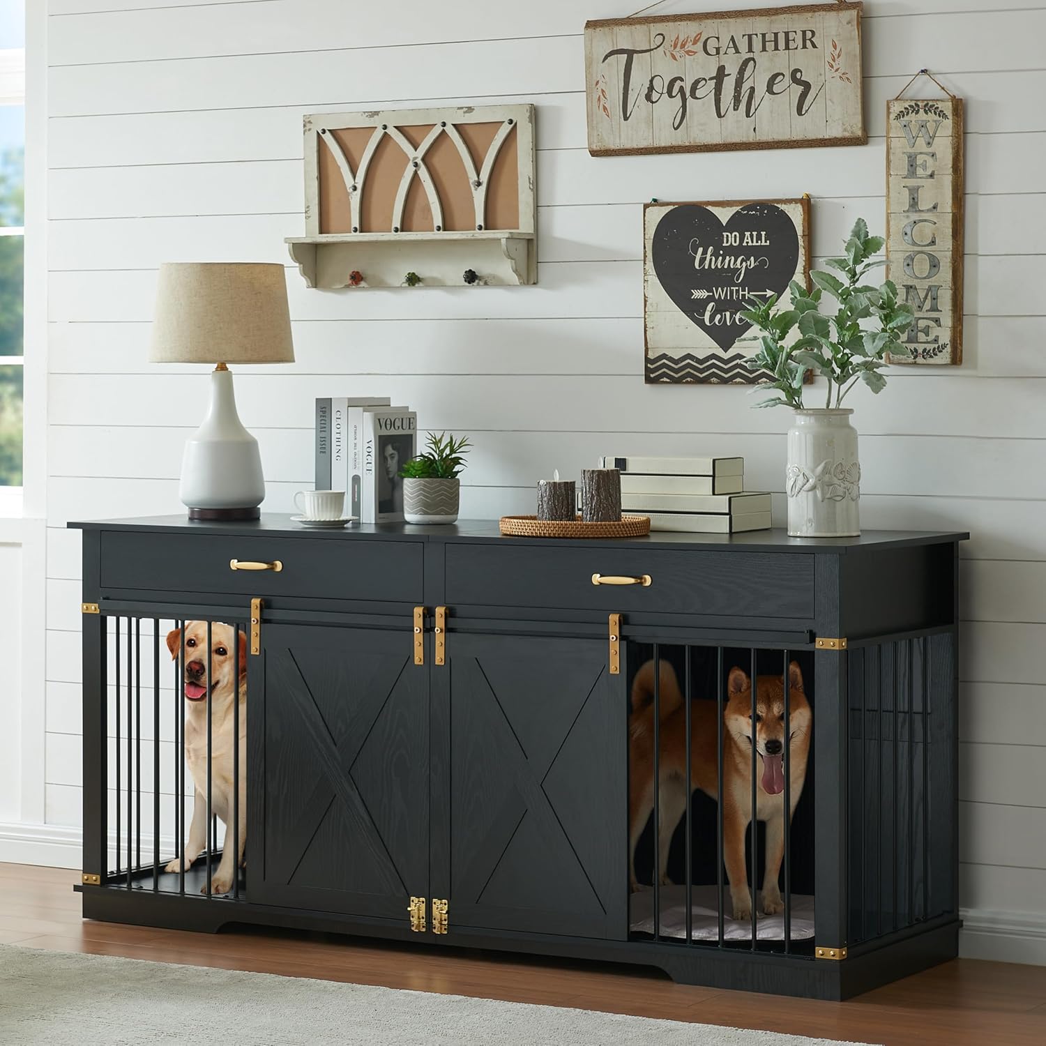 72.5″ XXL Wooden Dog Crate Furniture for 2 Large Breeds, Extra Large Double Dog Kennel with Divider, Drawers & Barn Door, Water Resistant Furniture-Style Dog Cage, Black
