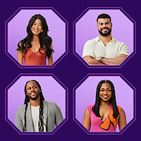 Four people posed in individual octagonal frames against purple backgrounds, two women and two men, all smiling, dressed in casual or semi-formal attire. The layout is a grid with a dark purple border.