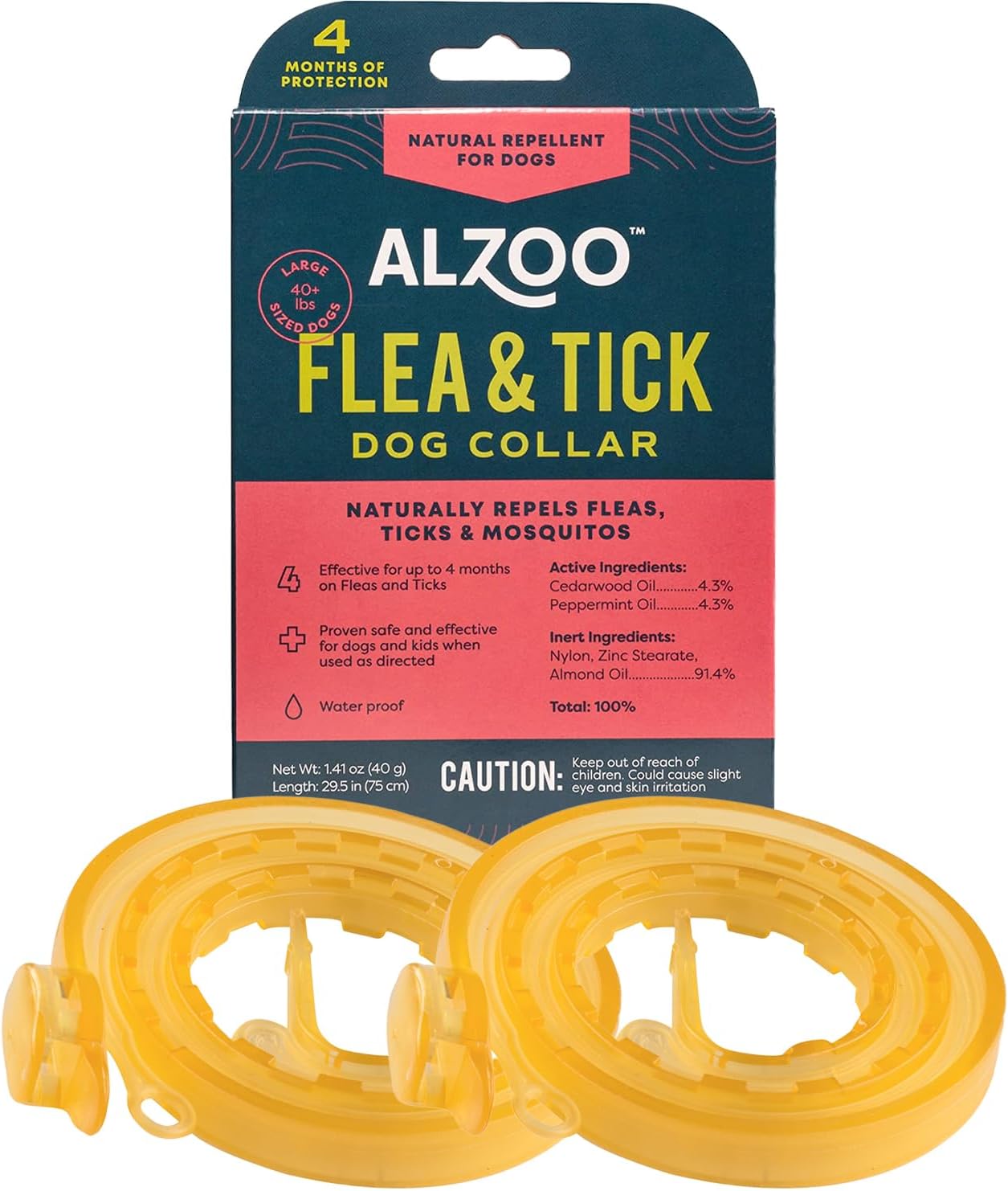 ALZOO Natural Flea & Tick Dog Collar – Helps Repel Fleas, Ticks & Mosquitoes – 100% Plant-Based Active Ingredients – Waterproof – Up to 4 Months Protection – Large-Sized Dogs: 40+ lbs – Pack of 2